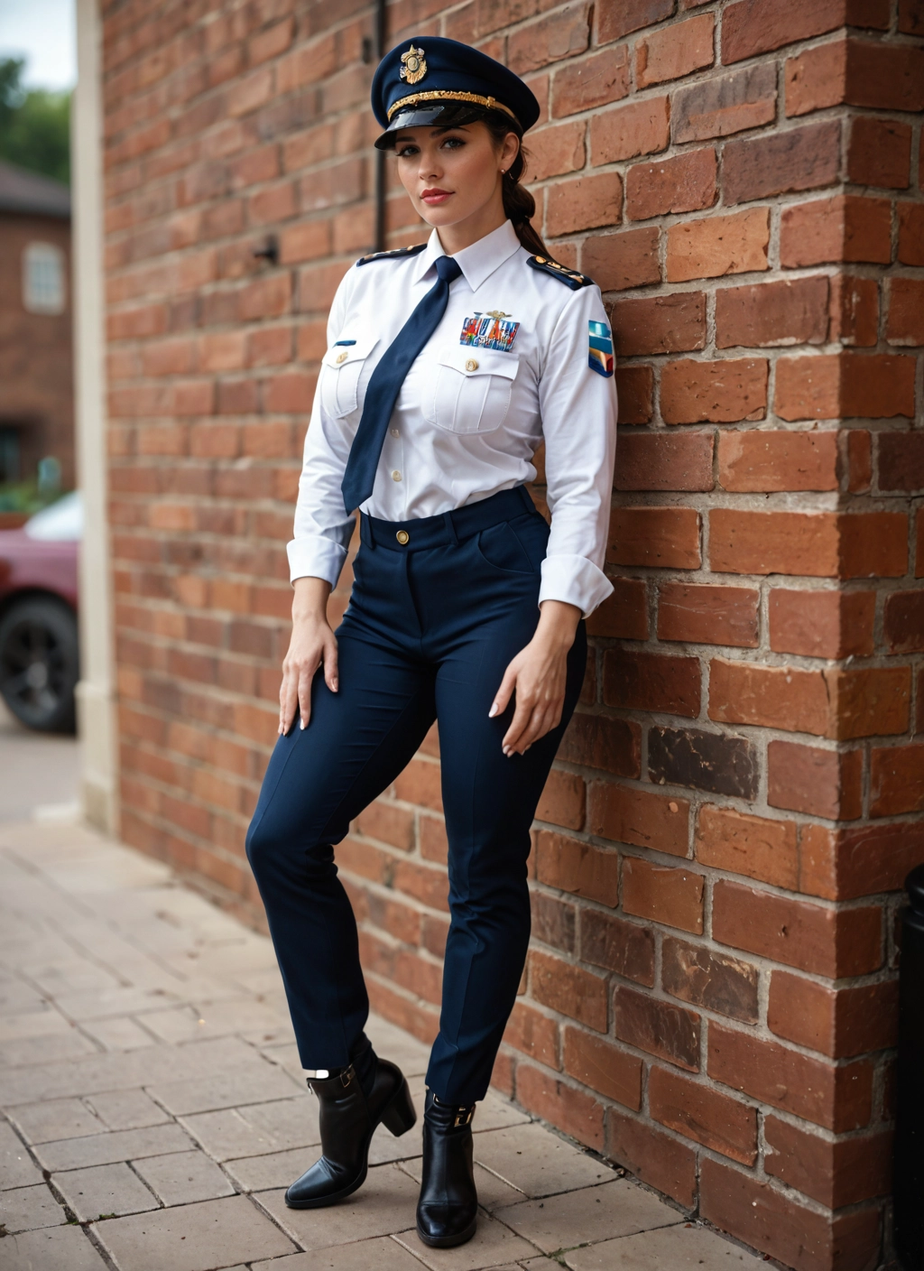 1girl, solo, uniform, necktie, pants, police · Yamete.gg