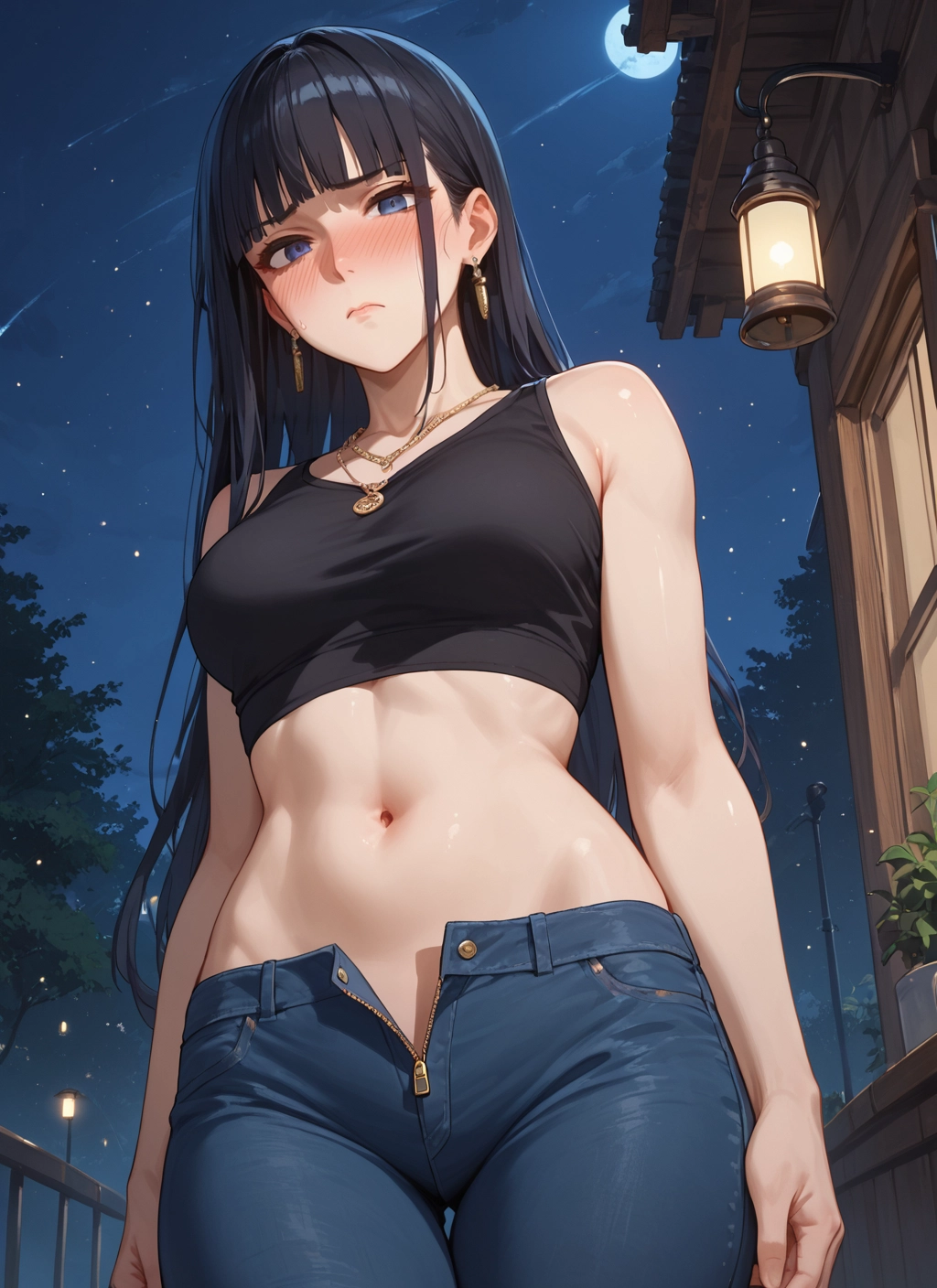 1girl, navel, black hair, long hair, jewelry, breasts · Yamete.gg