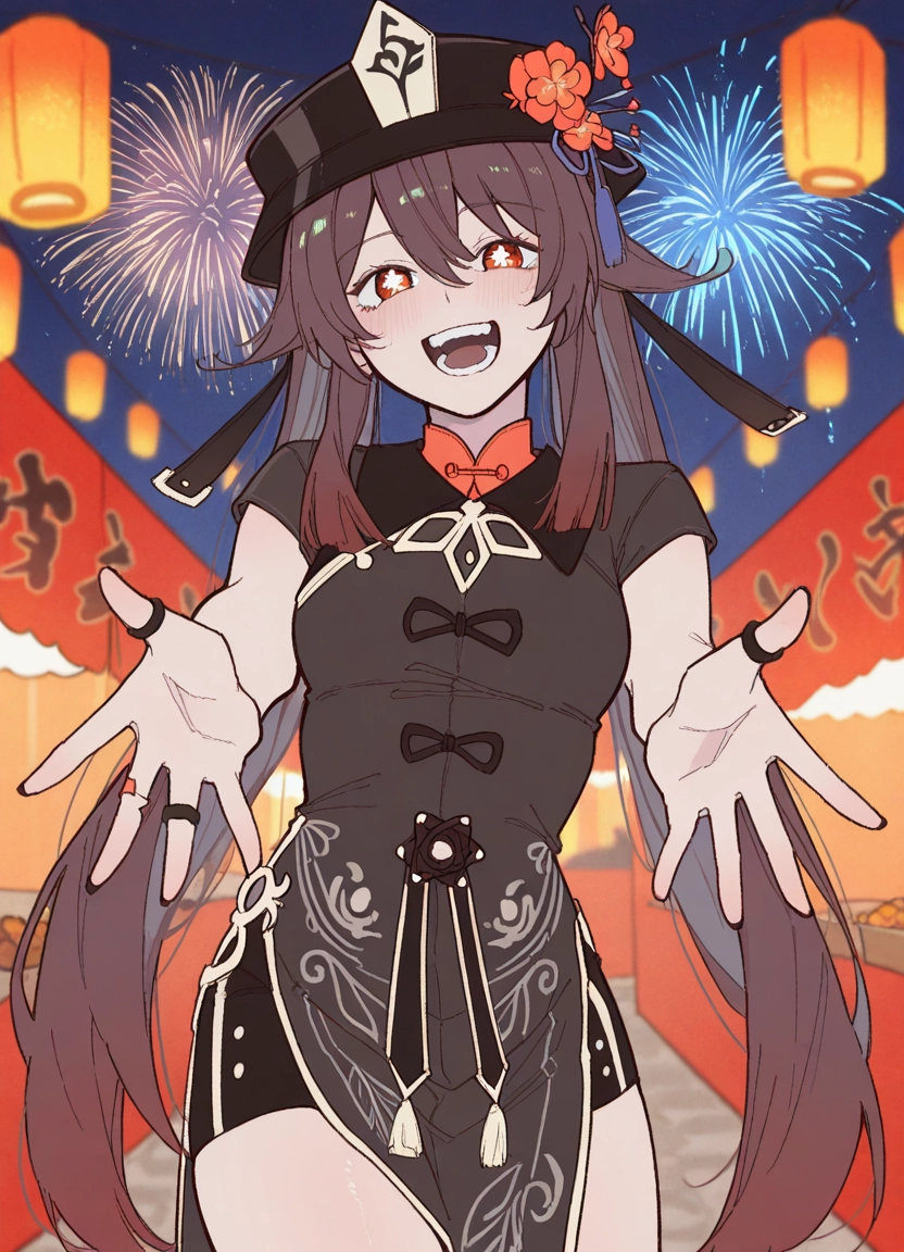 1girl, fireworks, open mouth, solo, brown hair, jewelry · Yamete.gg