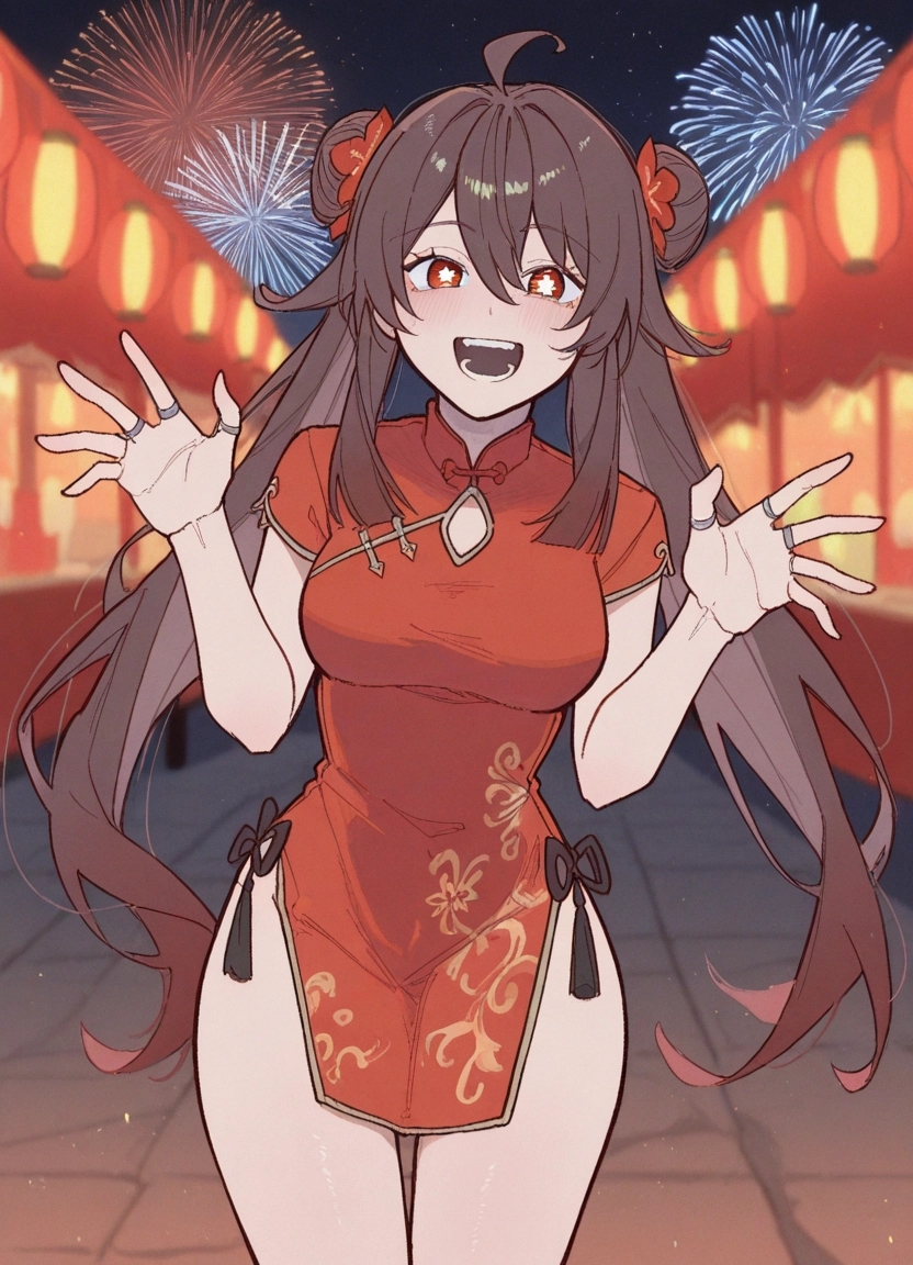 1girl, chinese clothes, dress, china dress, open mouth, fireworks · Yamete.gg