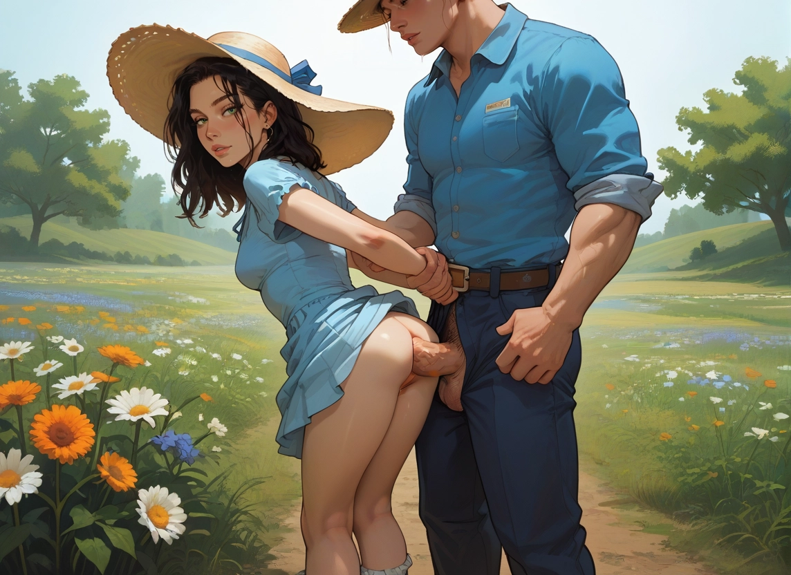 1girl, hat, 1boy, penis, outdoors, flower · Yamete.gg