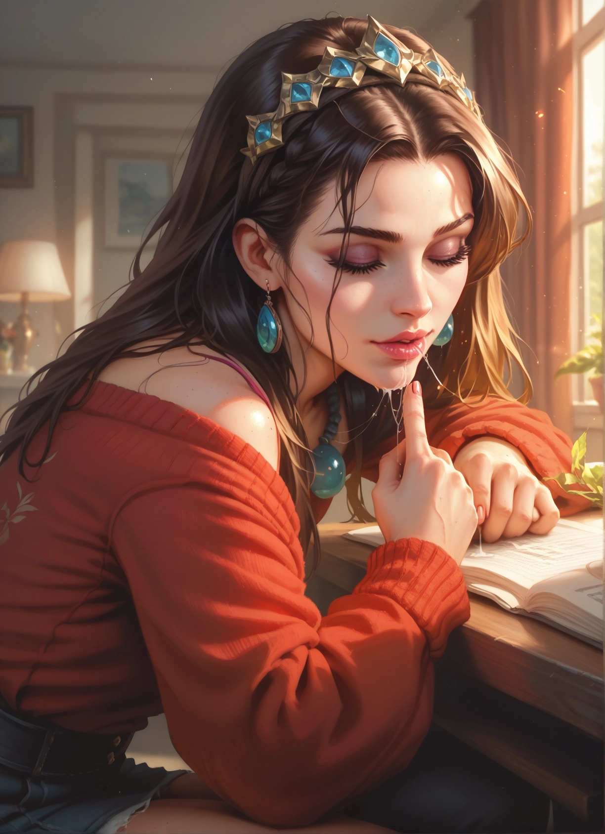 1girl, jewelry, solo, earrings, closed eyes, book · Yamete.gg