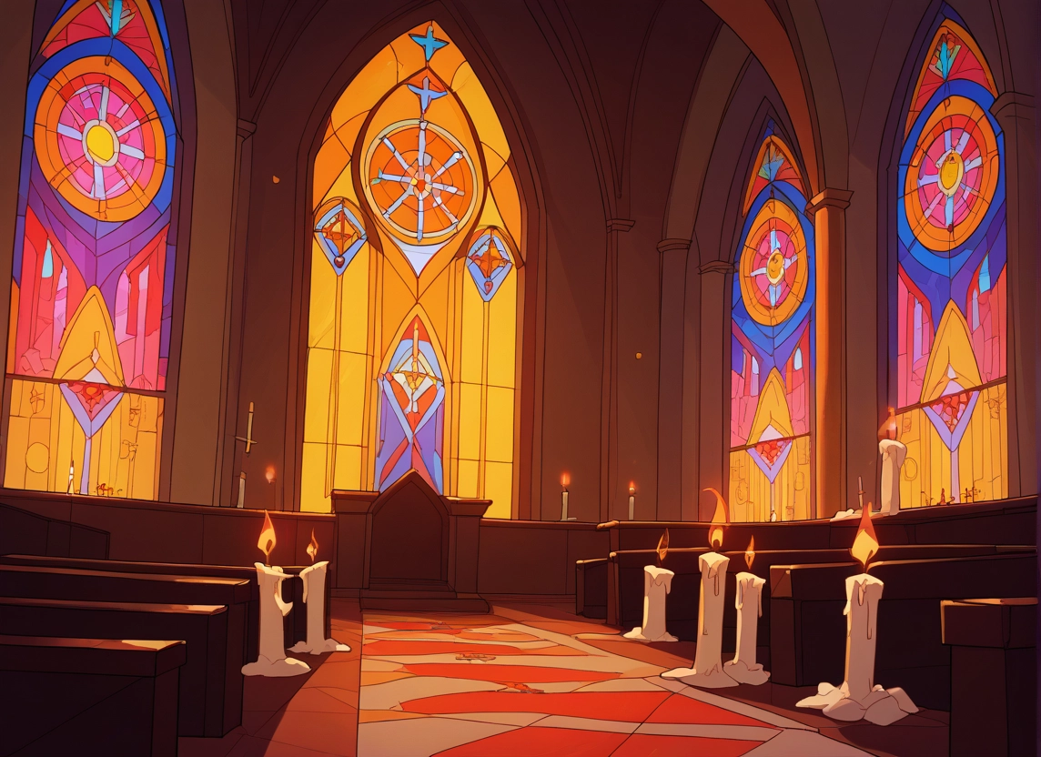 no humans, candle, scenery, stained glass, indoors, fire