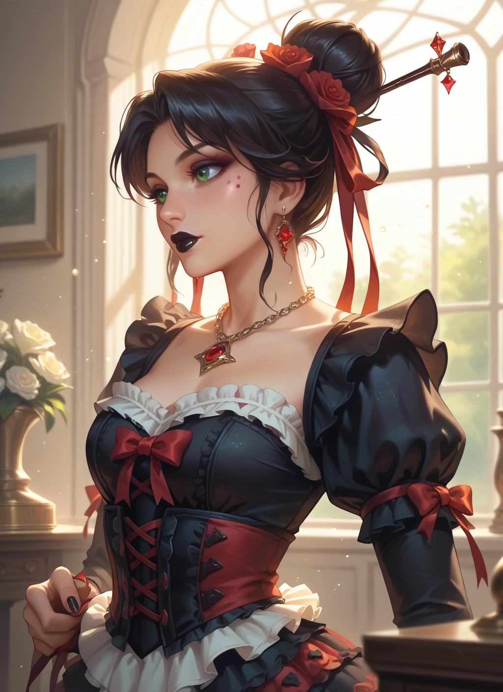 1girl, solo, jewelry, green eyes, flower, hair ornament · Yamete.gg