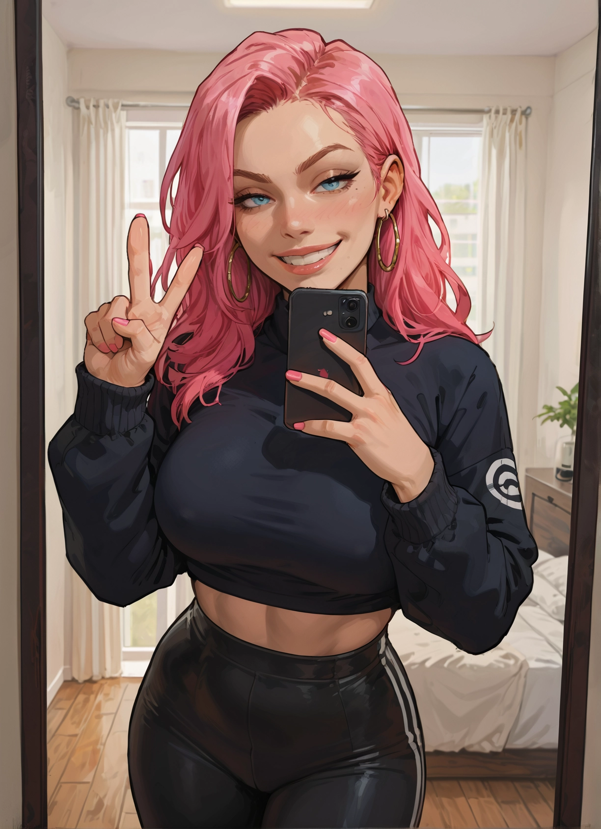 1girl, pink hair, phone, jewelry, earrings, breasts · Yamete.gg