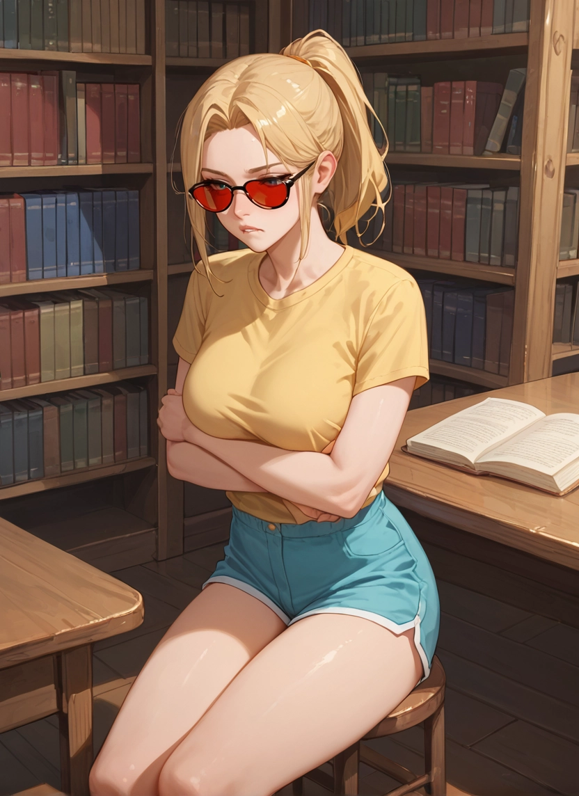1girl, blonde hair, shorts, book, breasts, sitting · Yamete.gg