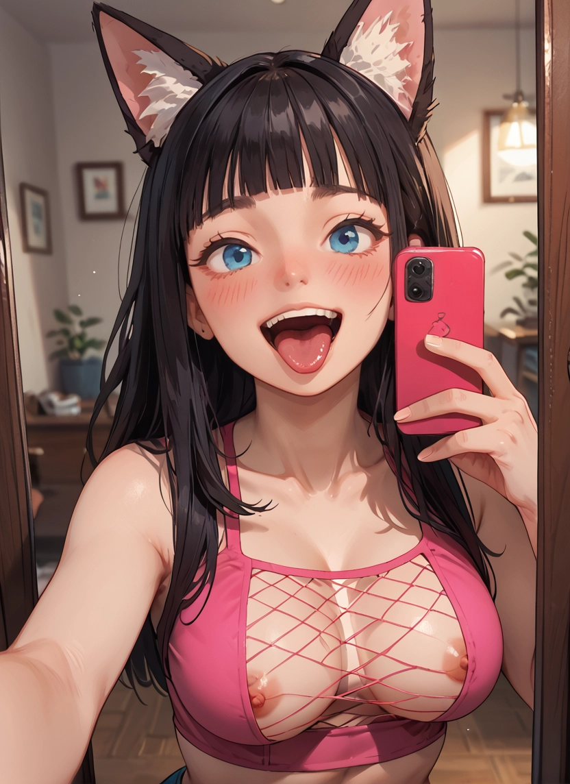 1girl, breasts, animal ears, nipples, phone, blue eyes · Yamete.gg