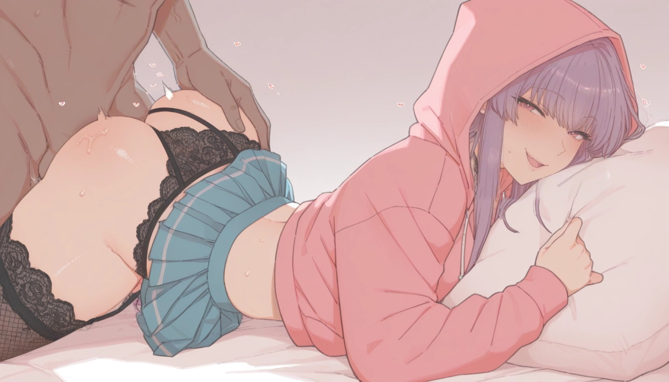 1girl, hood, hetero, 1boy, skirt, pillow · Yamete.gg