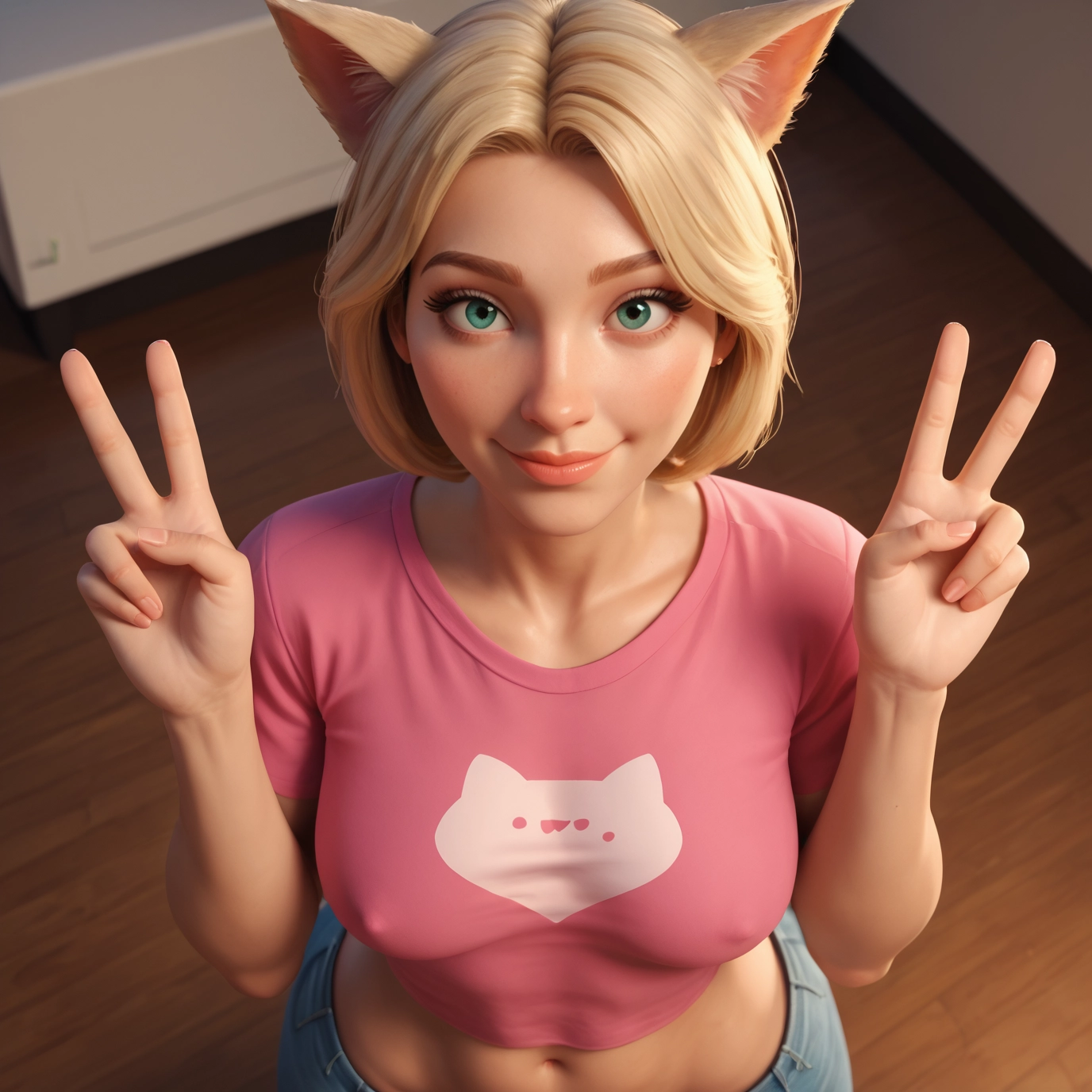 1girl, solo, shirt, animal ears, double v, navel · Yamete.gg