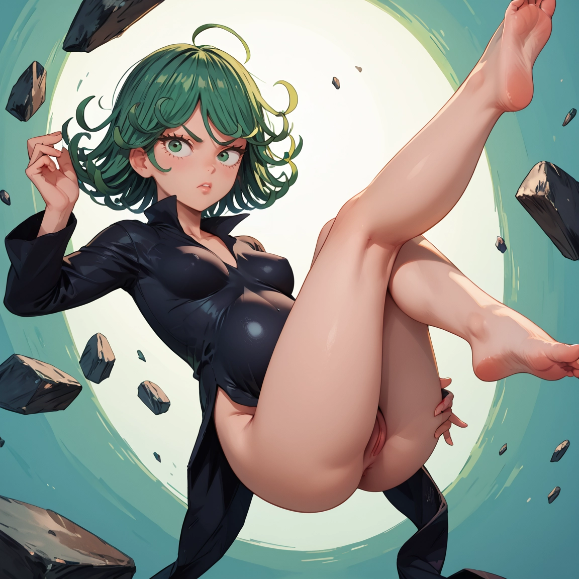 1girl, solo, pussy, barefoot, green eyes, feet · Yamete.gg