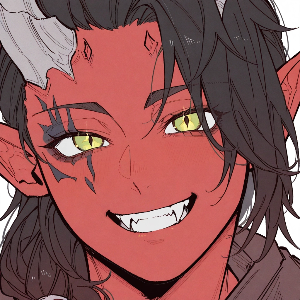 solo, smile, horns, pointy ears, 1girl, colored skin · Yamete.gg