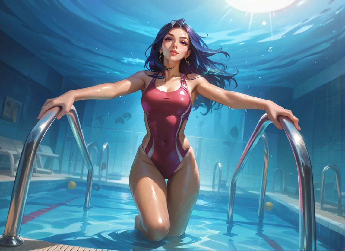 1girl, swimsuit, one-piece swimsuit, pool, jewelry, pool ladder · Yamete.gg