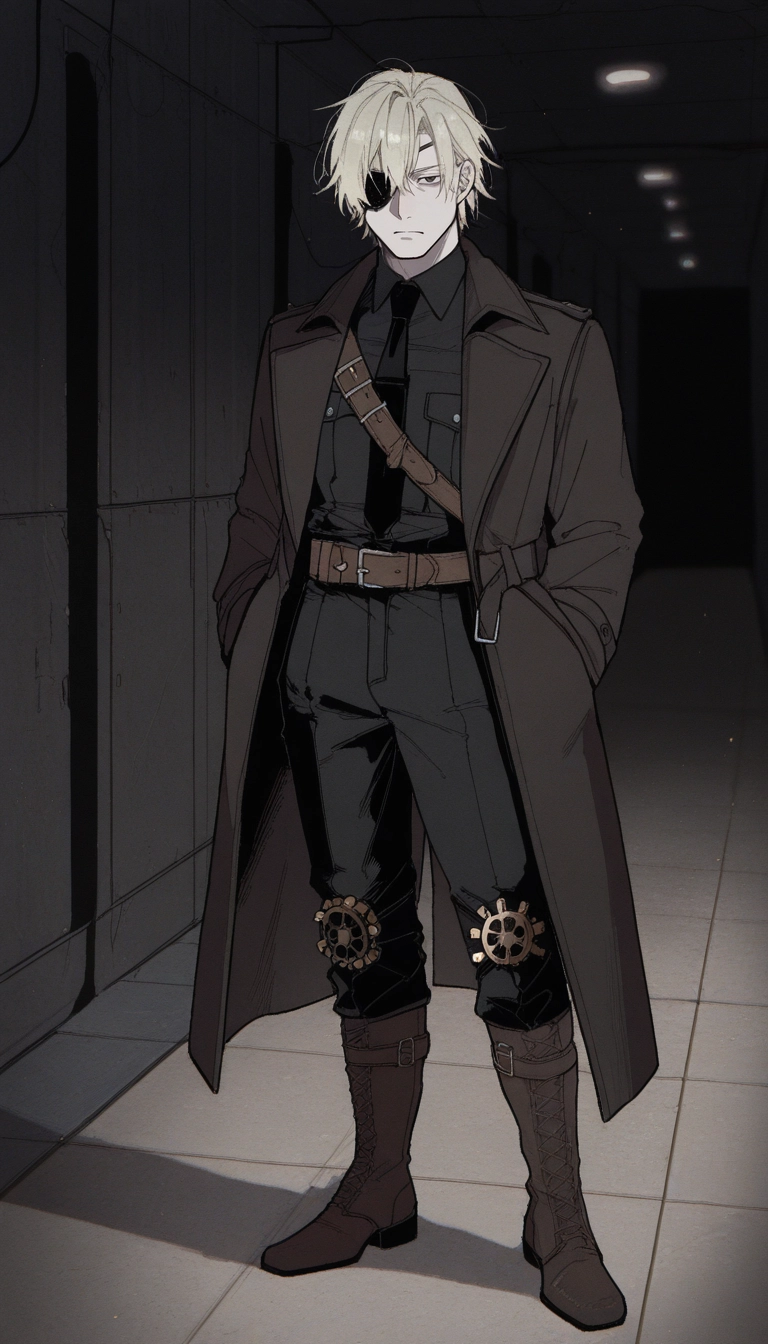 1boy, male focus, solo, eyepatch, brown footwear, hands in pockets · Yamete.gg