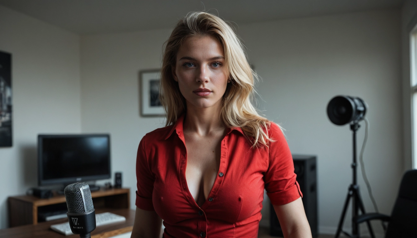 1girl, solo, realistic, blonde hair, breasts, microphone · Yamete.gg