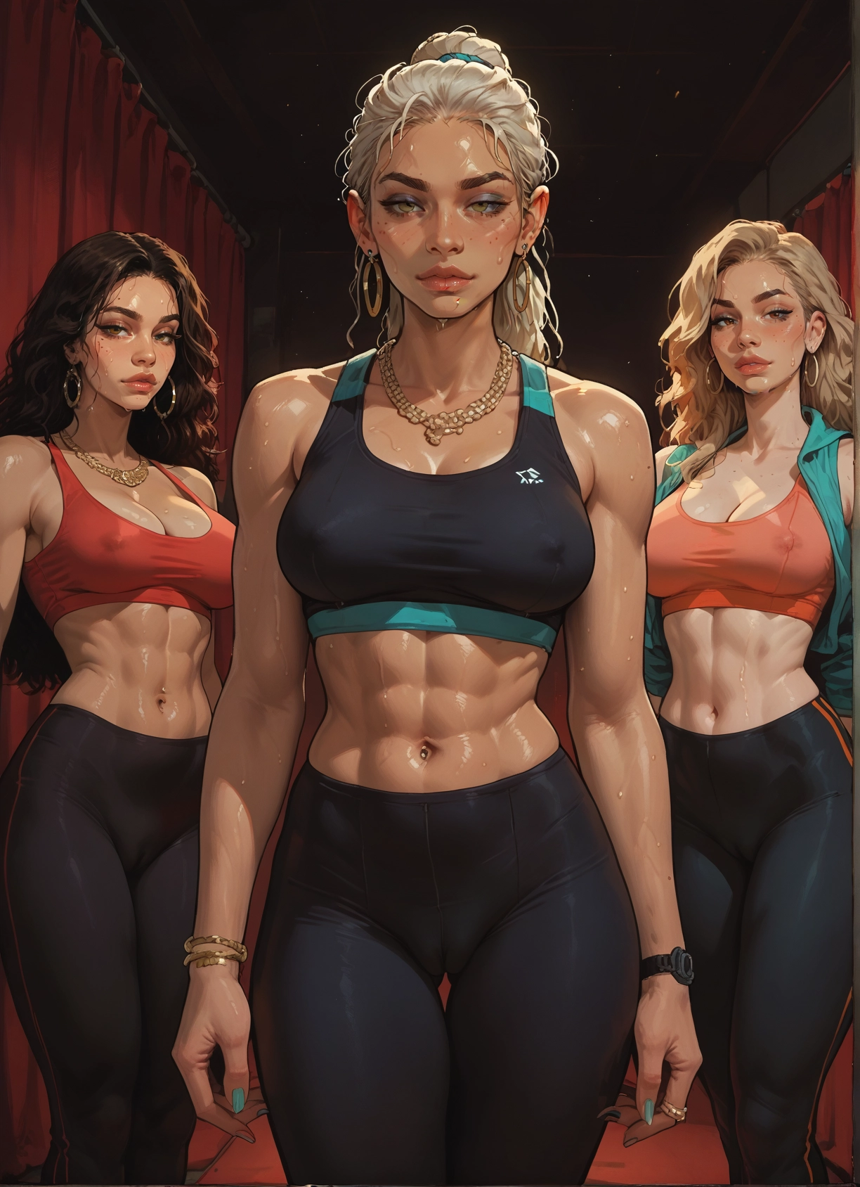 multiple girls, breasts, jewelry, earrings, piercing, sweat · Yamete.gg