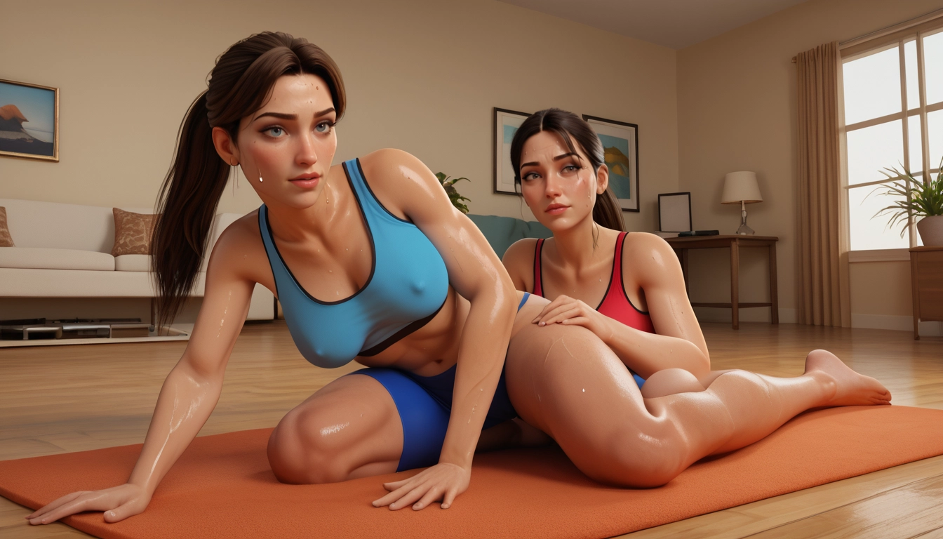 2girls, multiple girls, breasts, ponytail, sweat, indoors · Yamete.gg