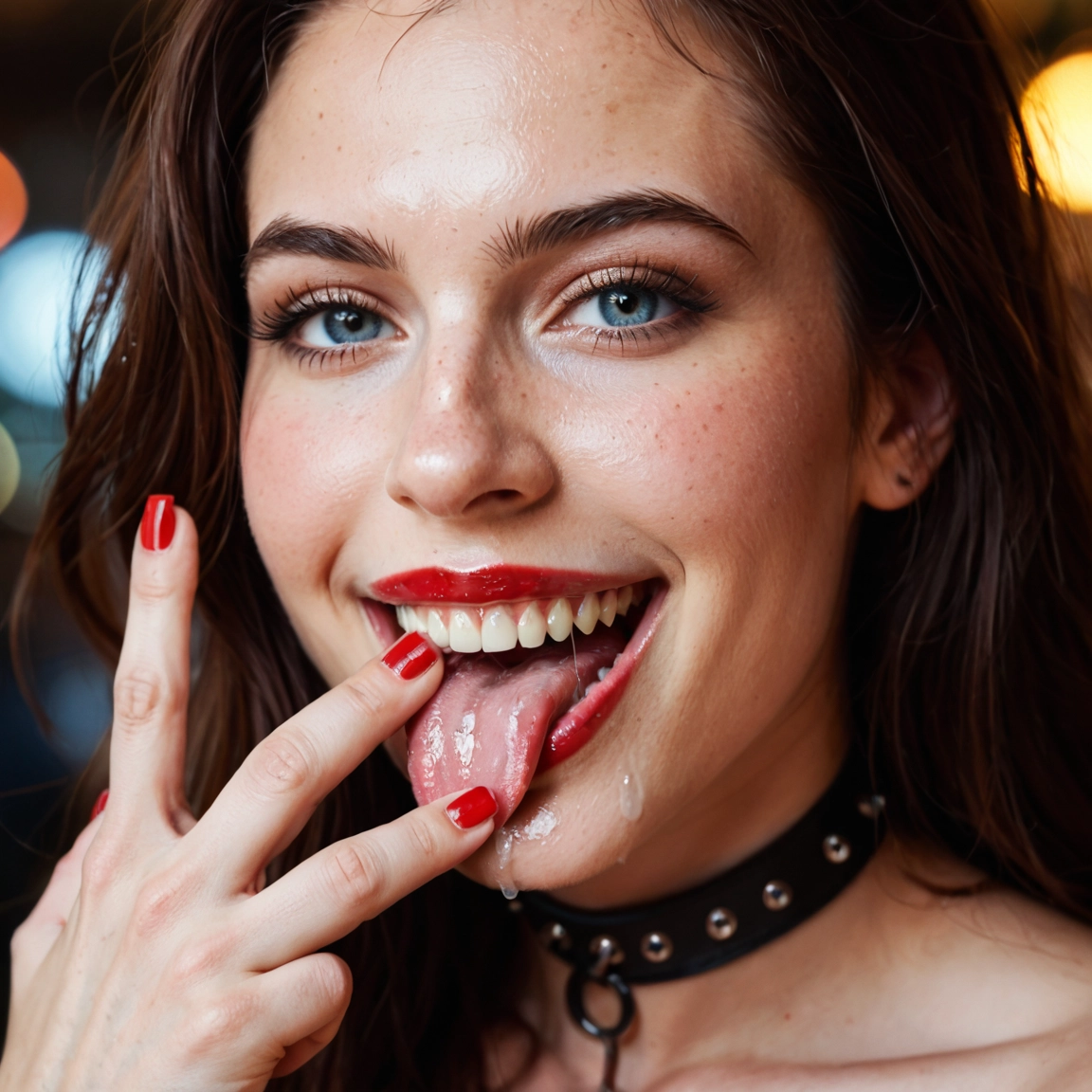 1girl, solo, tongue, freckles, brown hair, blue eyes · Yamete.gg
