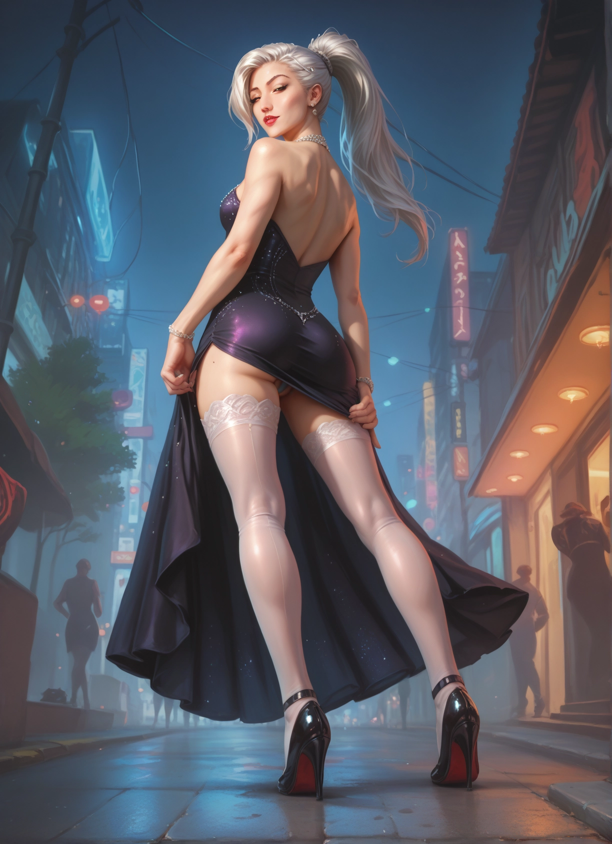 thighhighs, dress, jewelry, ass, underwear, high heels · Yamete.gg