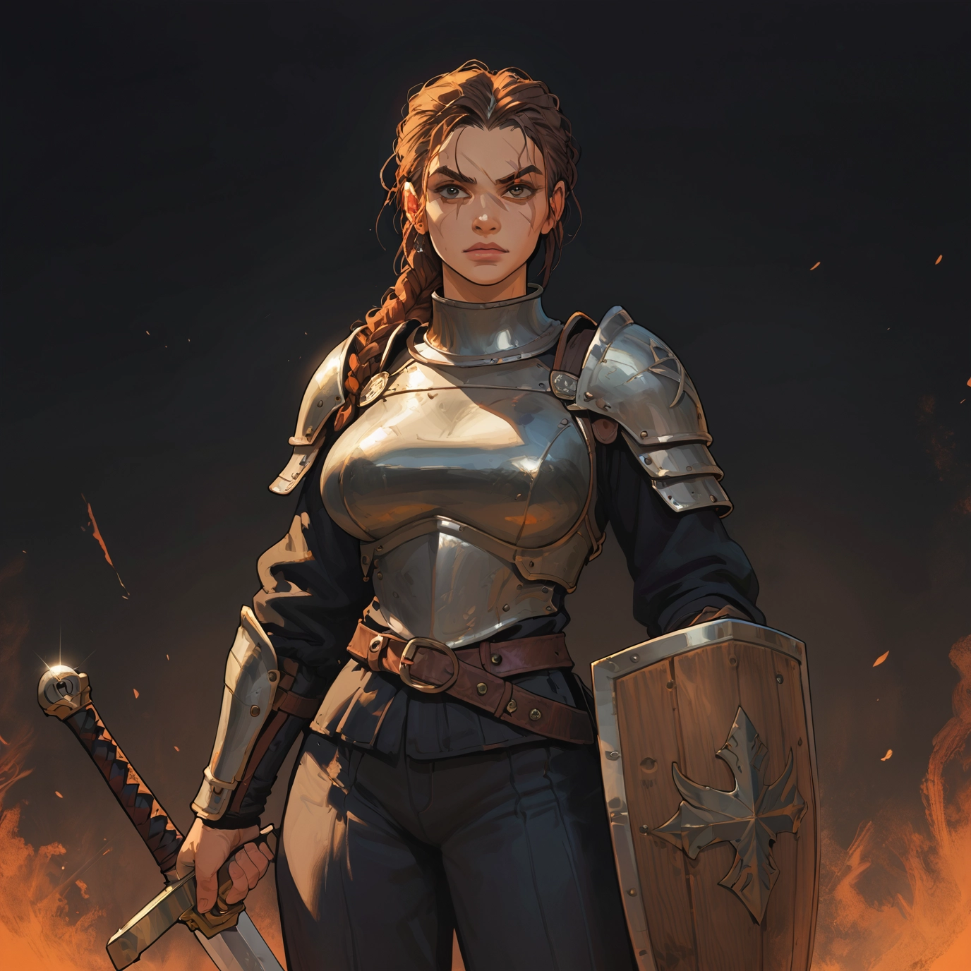 1girl, weapon, sword, armor, shield, solo · Yamete.gg