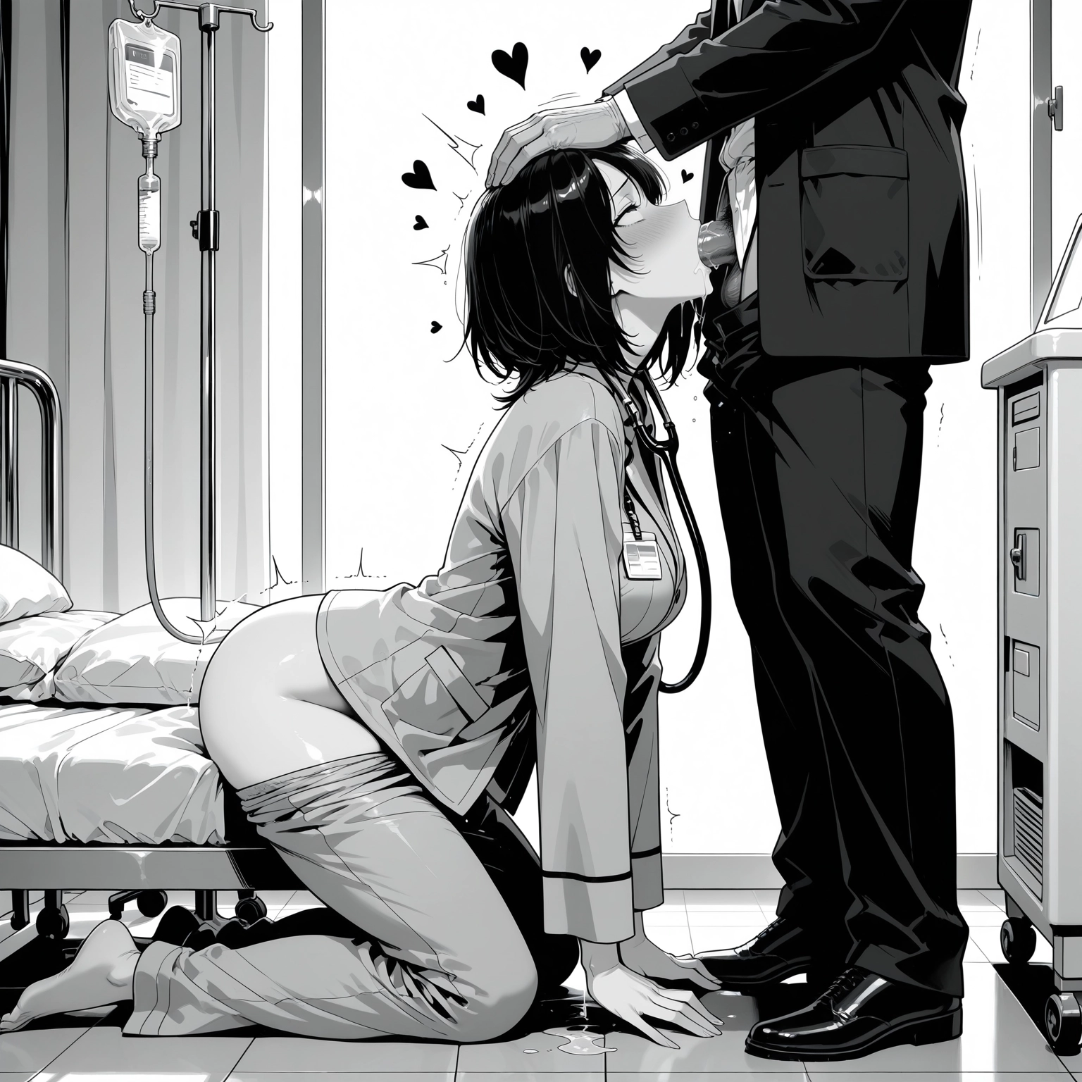 oral, fellatio, penis, hetero, 1girl, monochrome · Yamete.gg
