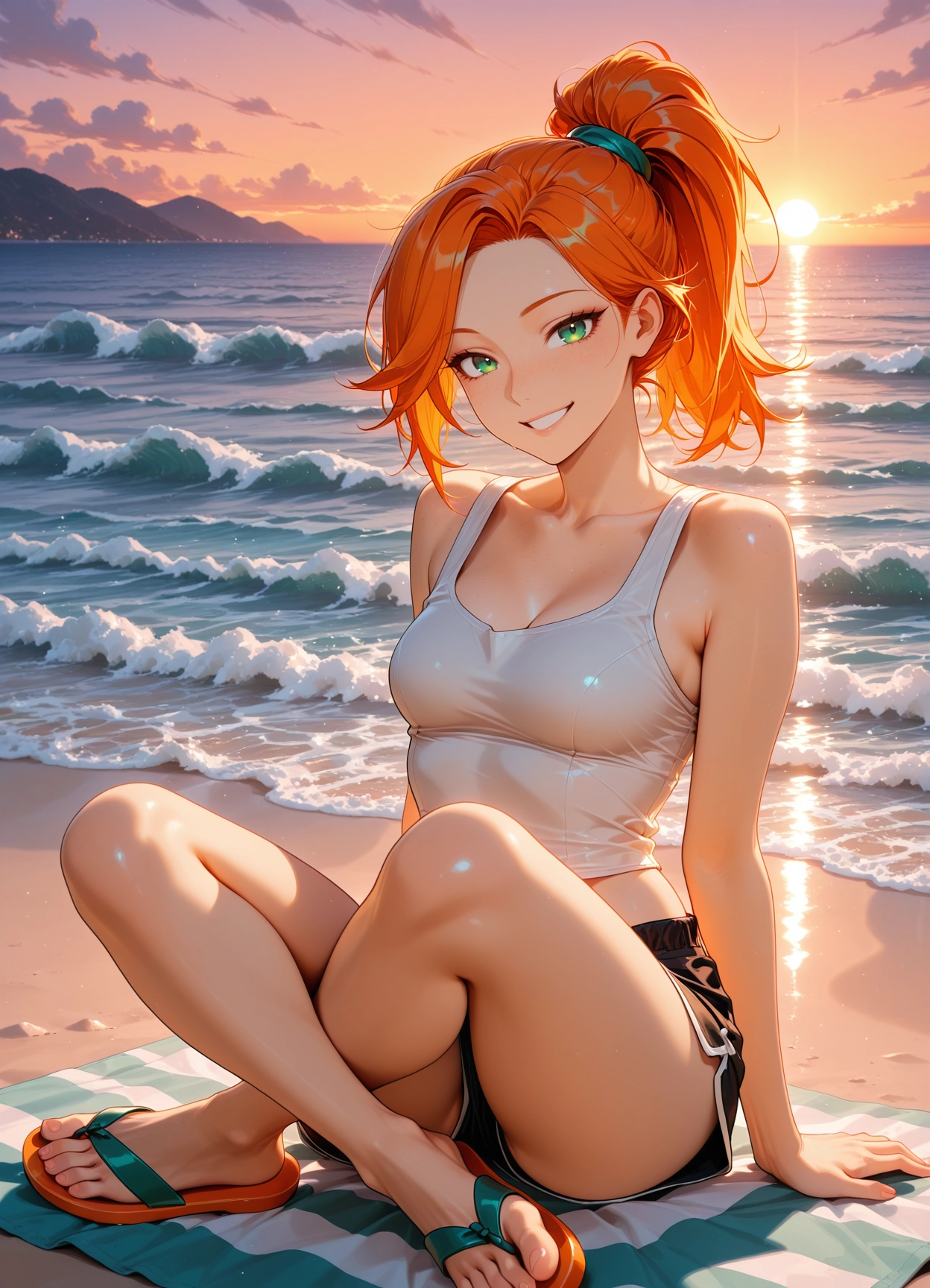 1girl, breasts, solo, sandals, smile, shorts · Yamete.gg
