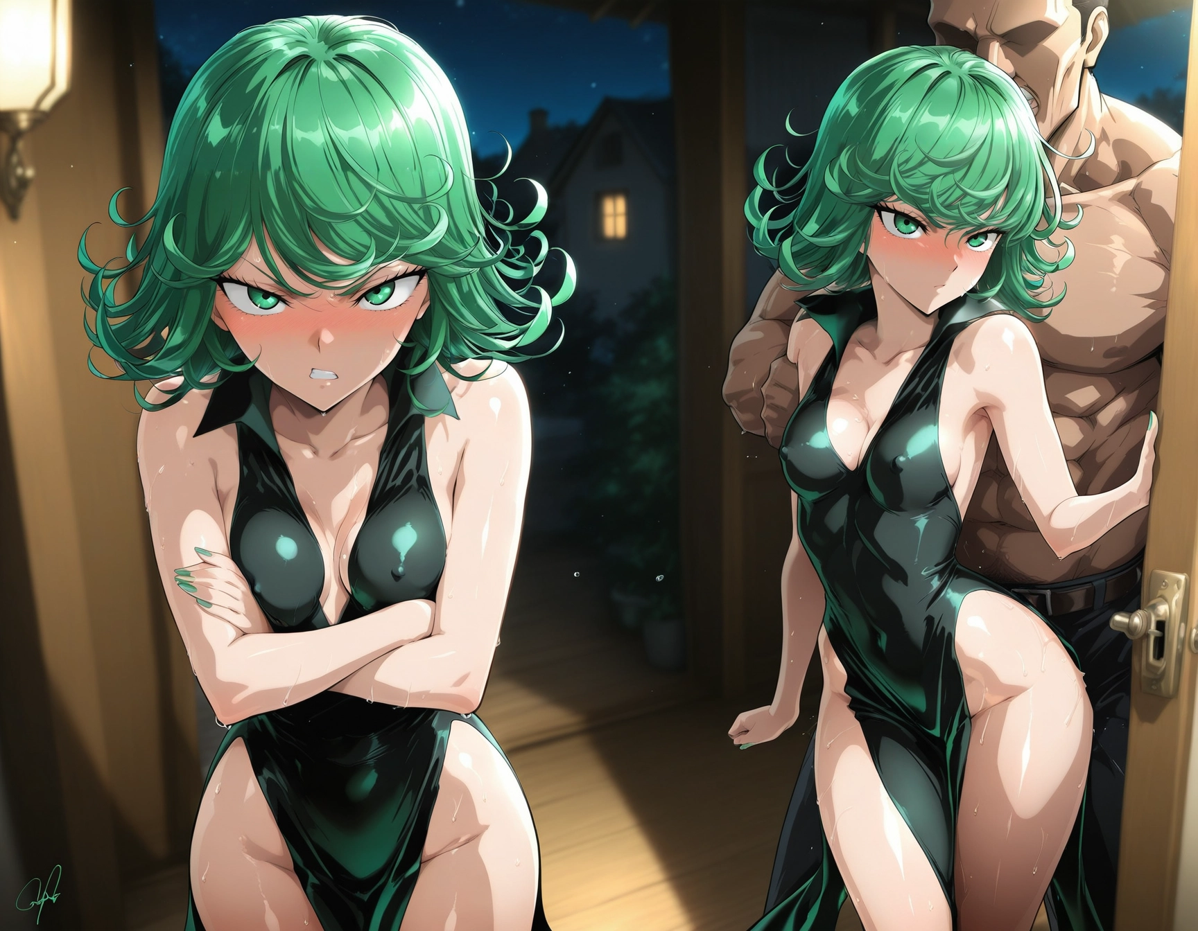 breasts, 1girl, 1boy, green eyes, dress, green hair · Yamete.gg