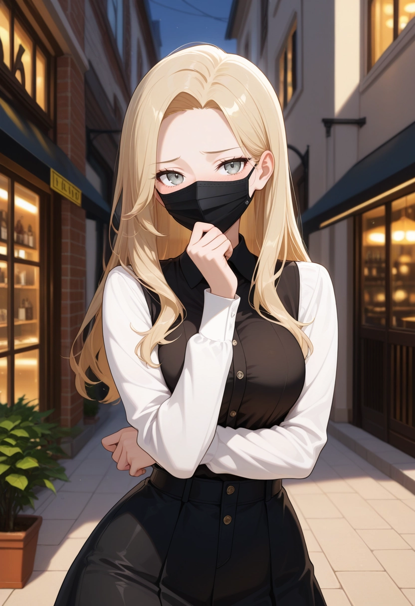 1girl, shirt, mask, long hair, mouth mask, solo