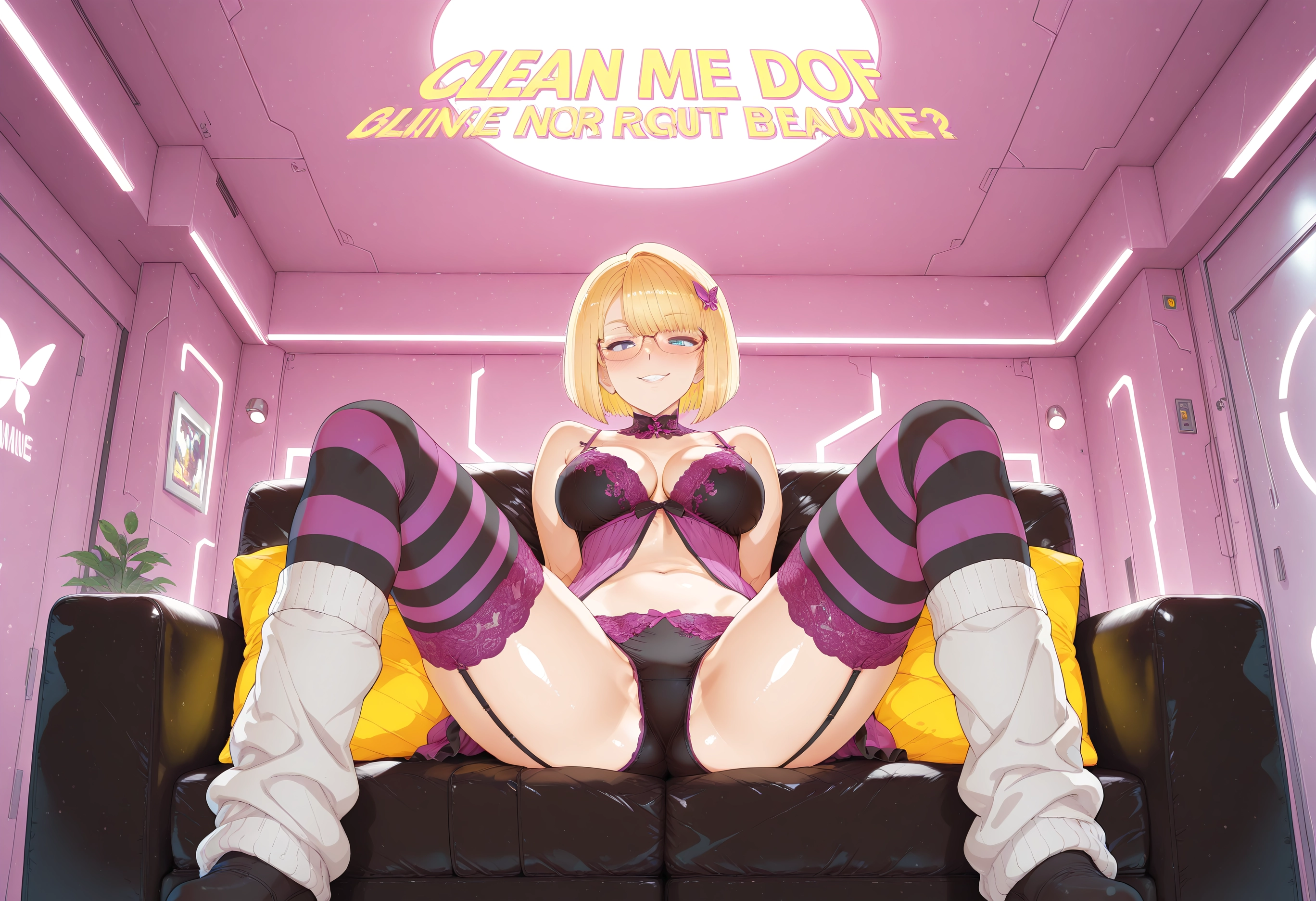 1girl, underwear, panties, breasts, blonde hair, glasses · Yamete.gg