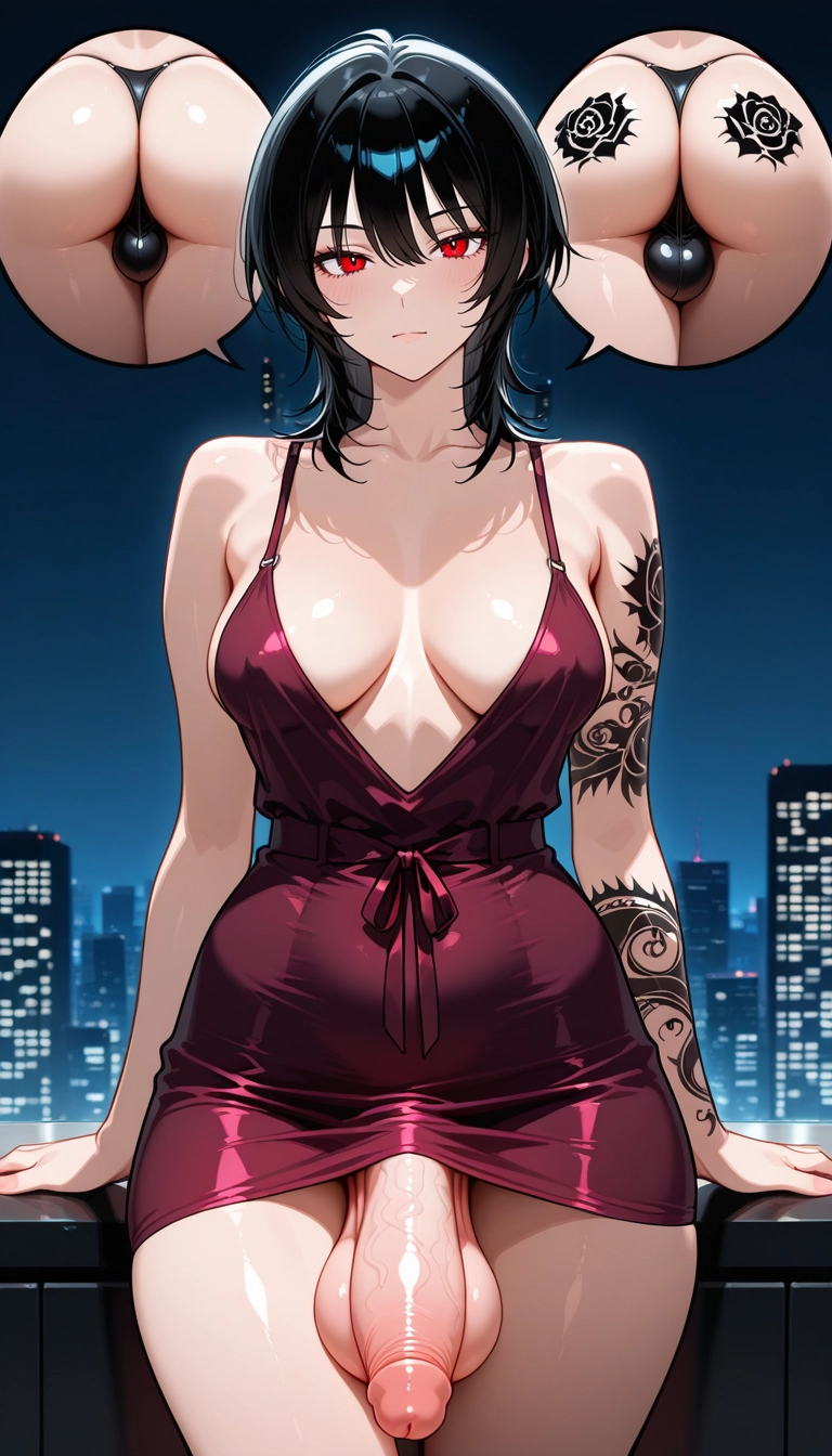 futanari, 1girl, dress, breasts, red eyes, penis
