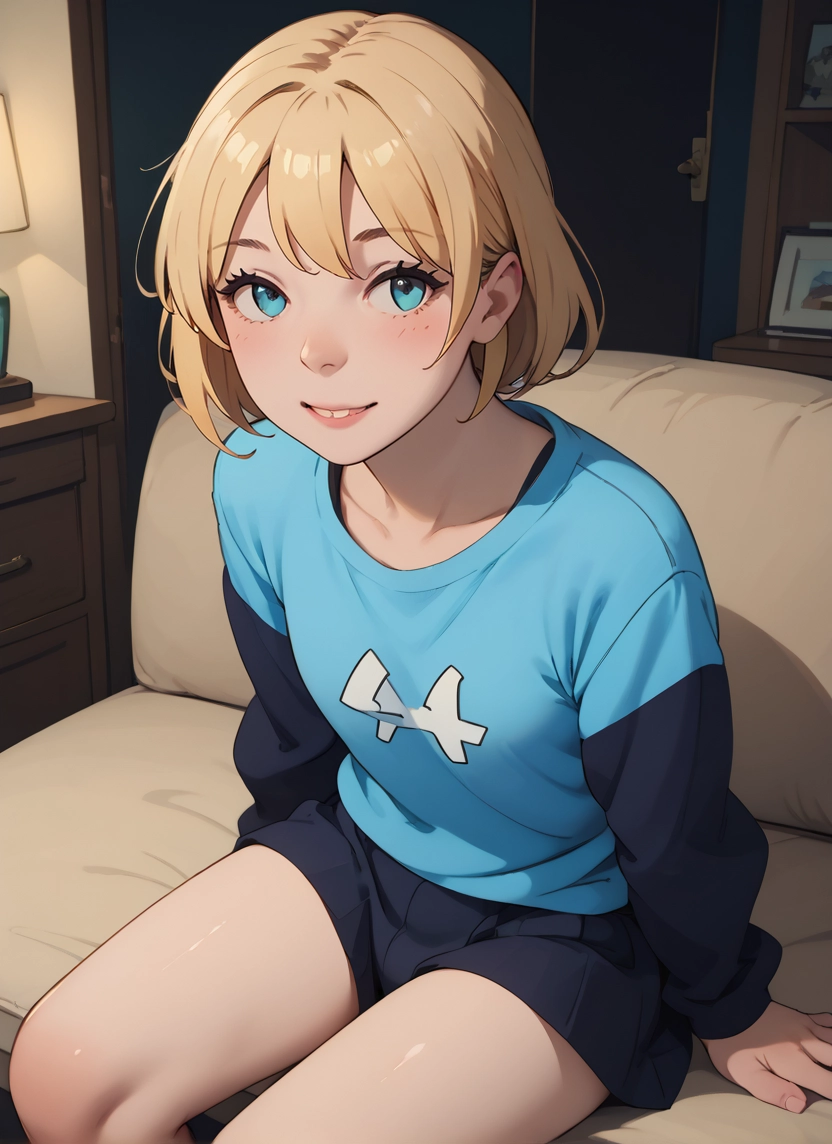 solo, blonde hair, 1girl, looking at viewer, sitting, blue eyes