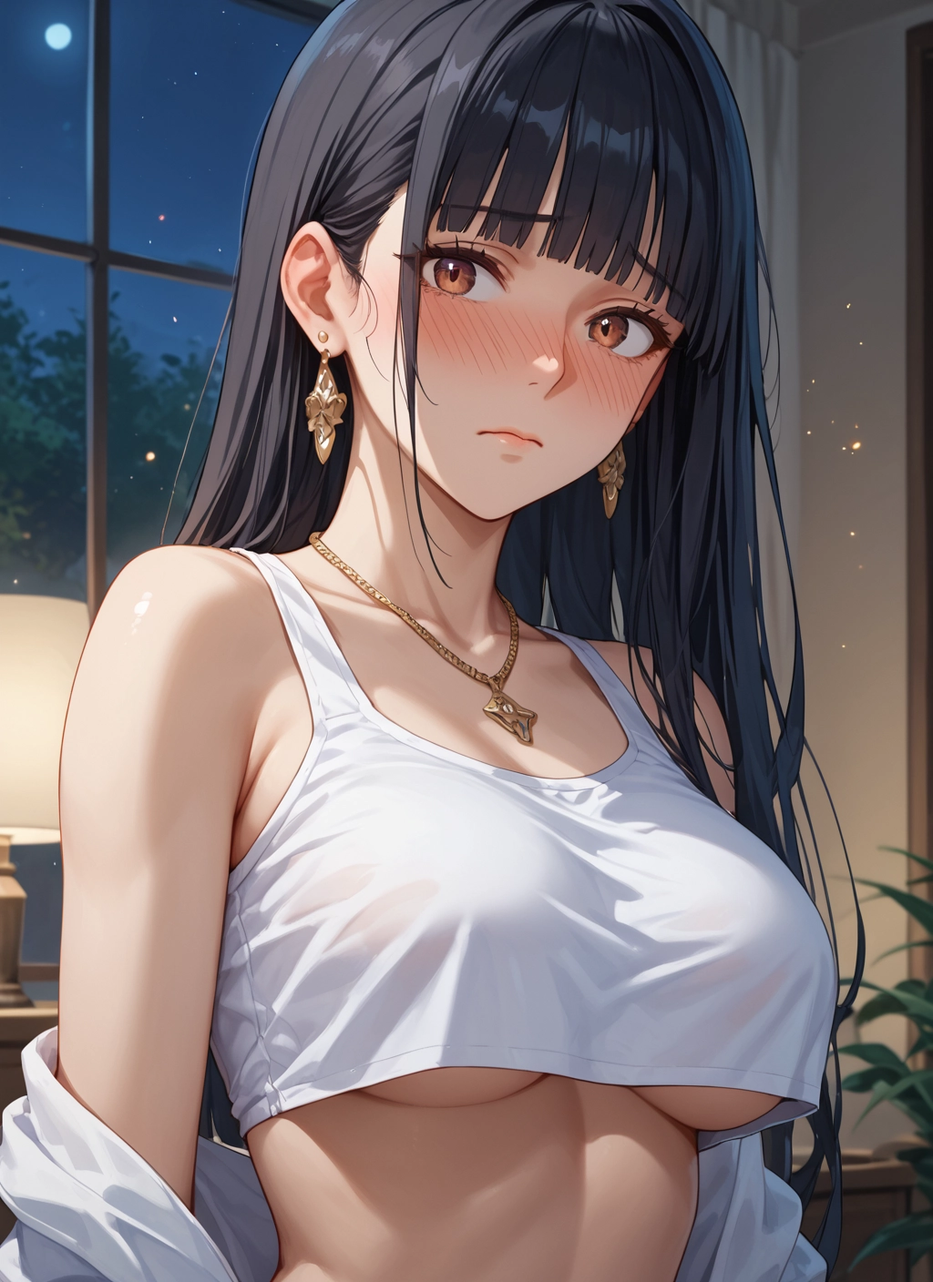 1girl, breasts, jewelry, long hair, earrings, blush · Yamete.gg