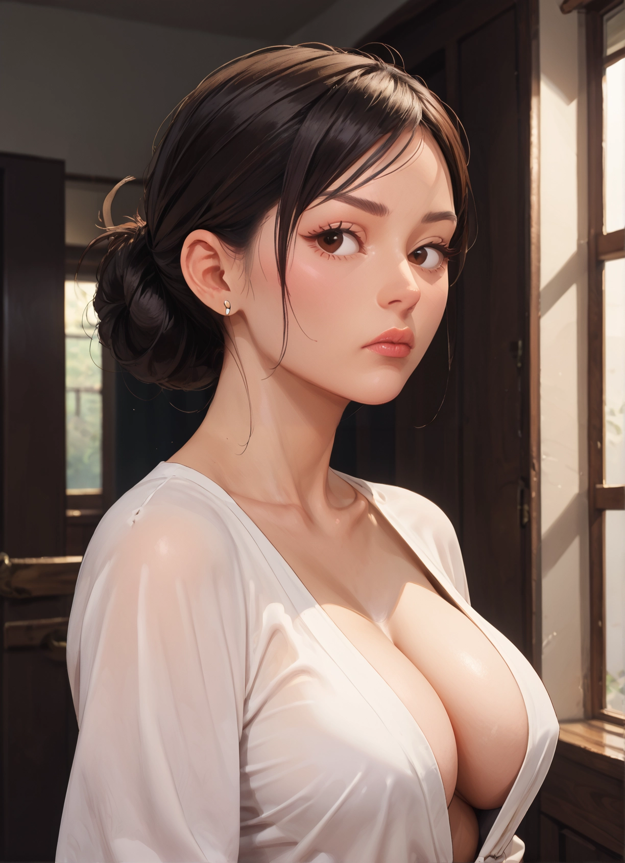 breasts, 1girl, solo, brown eyes, jewelry, earrings · Yamete.gg