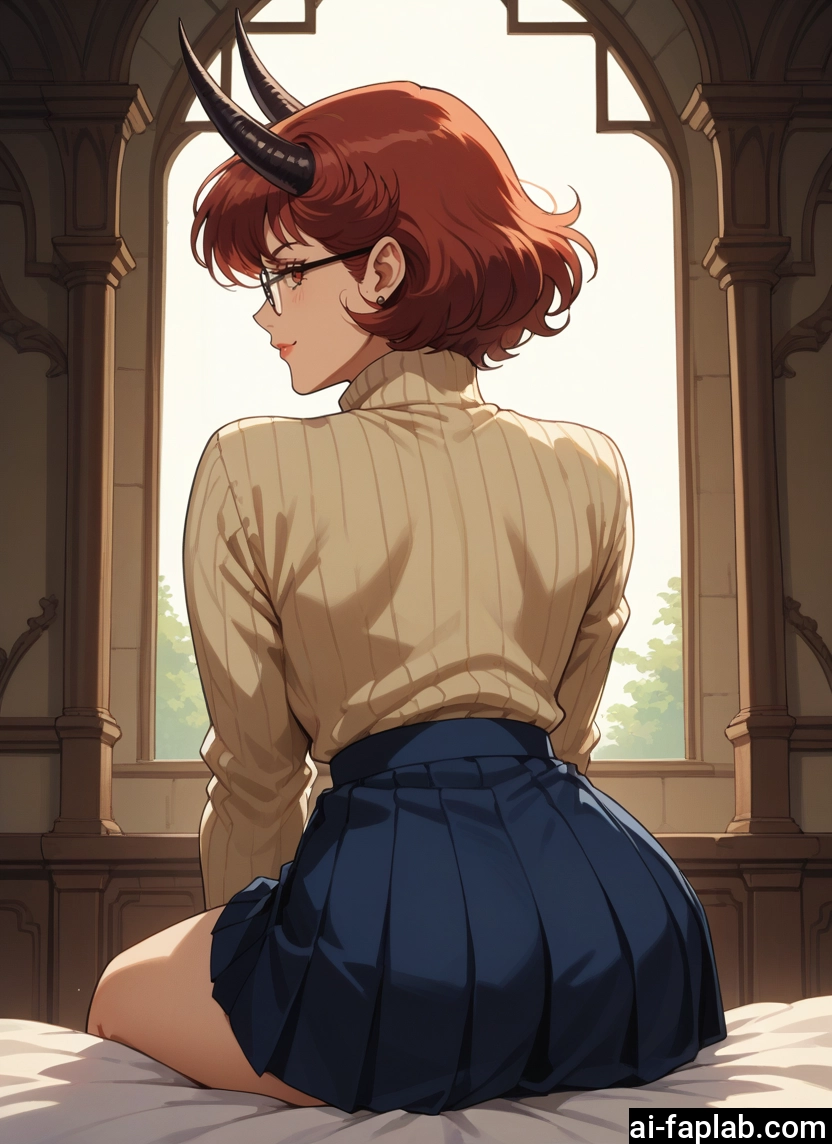 1girl, skirt, glasses, horns, solo, sweater