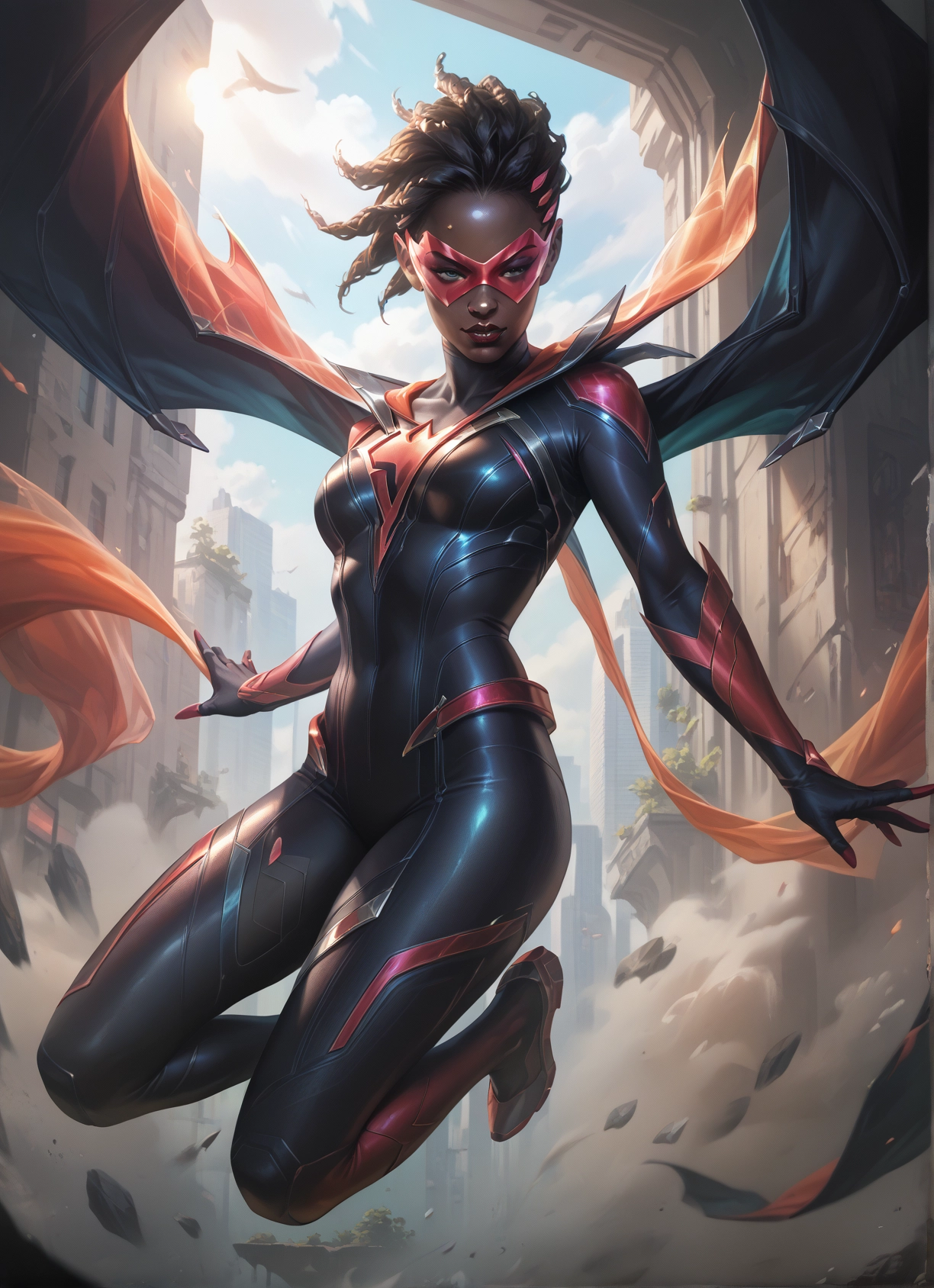 1girl, solo, bodysuit, mask, breasts, sky · Yamete.gg