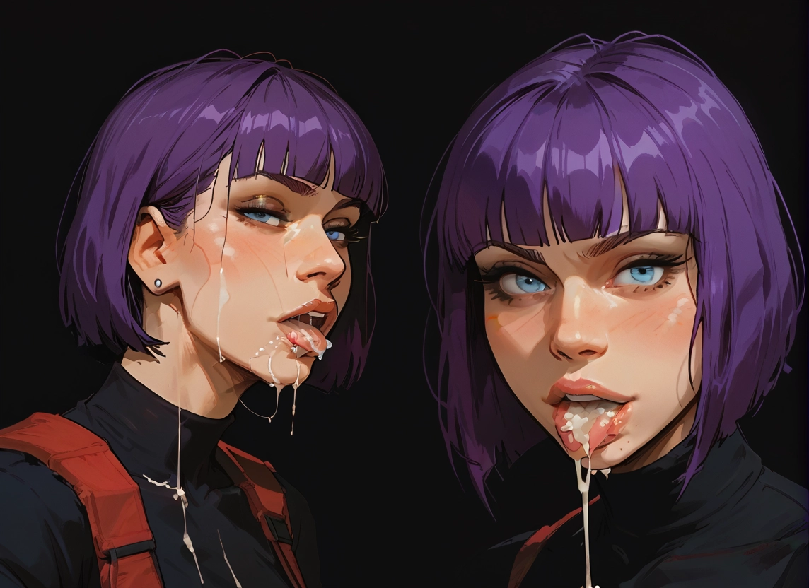 cum, purple hair, blue eyes, cum in mouth, tongue, mole · Yamete.gg