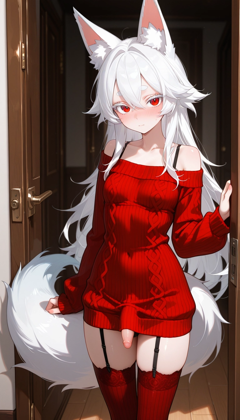 futanari, solo, red eyes, thighhighs, white hair, animal ears · Yamete.gg
