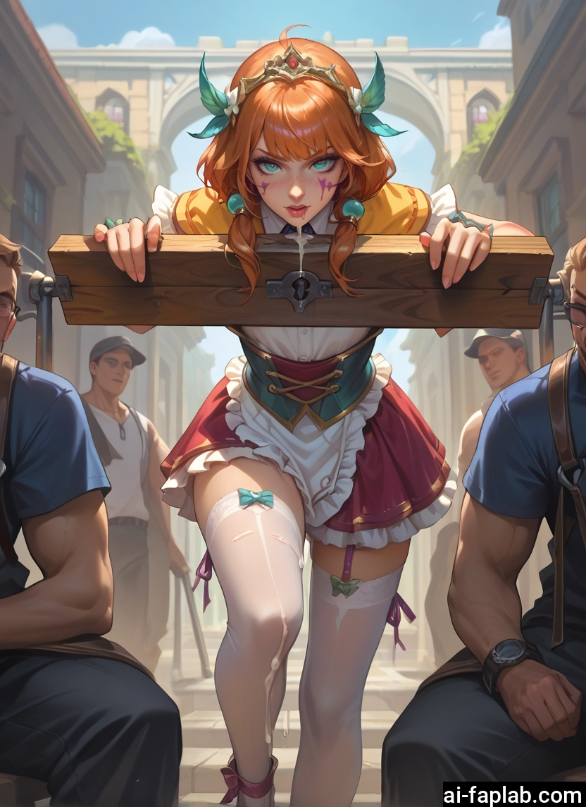 1girl, thighhighs, pillory, cum, multiple boys, white legwear · Yamete.gg