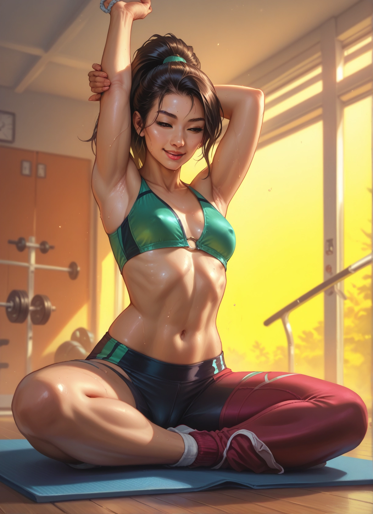 1girl, solo, navel, breasts, armpits, sweat · Yamete.gg
