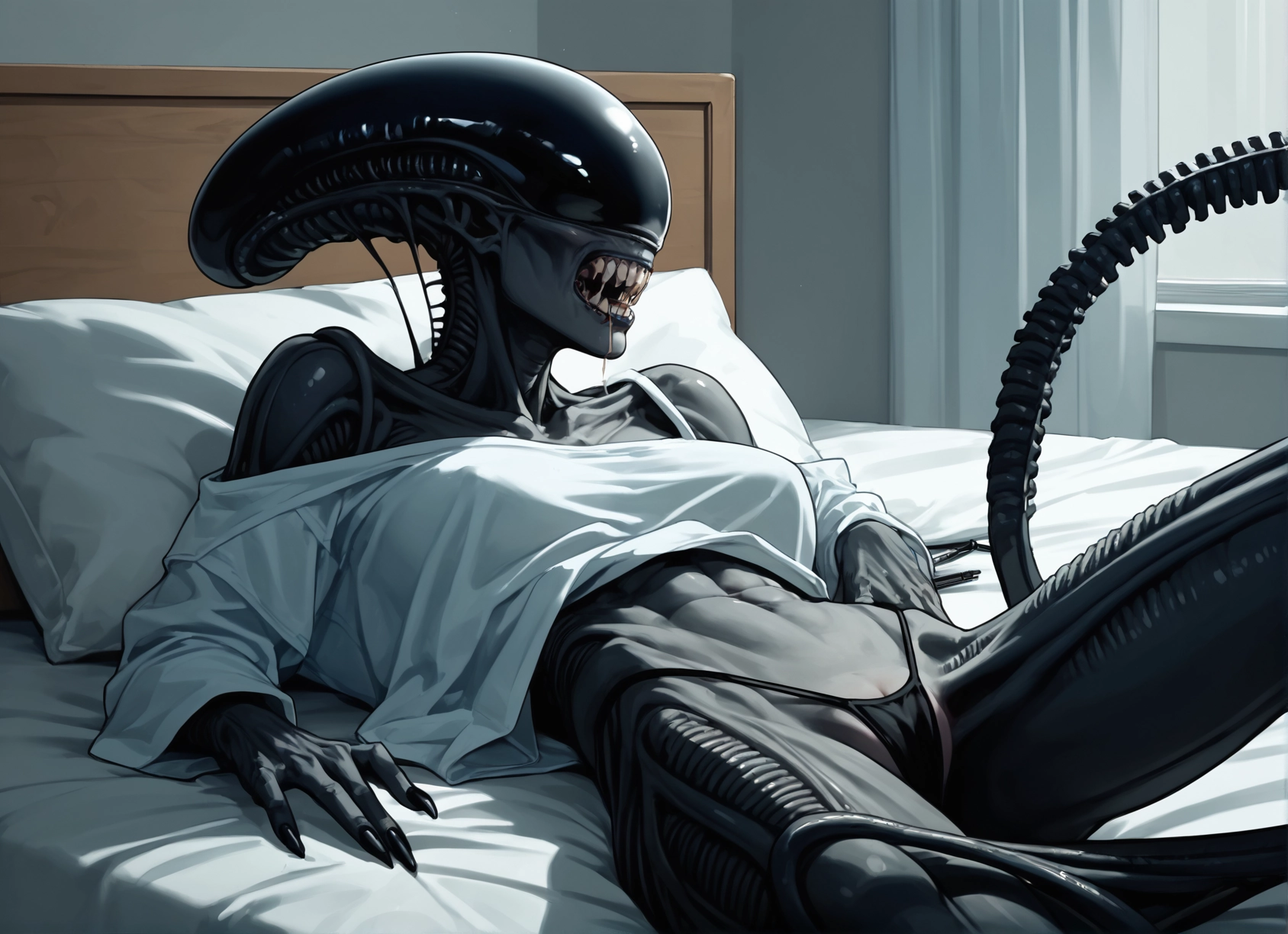 1girl, pillow, tail, lying, solo, monster girl · Yamete.gg