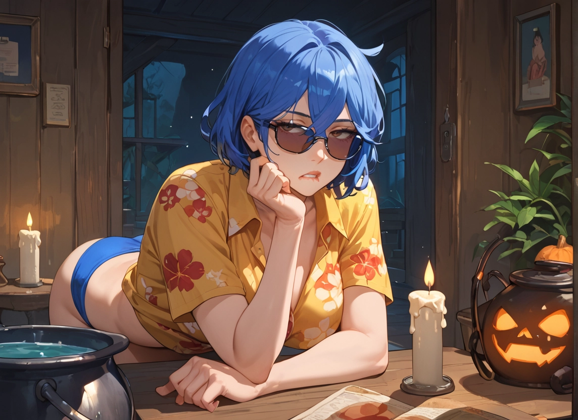 1girl, blue hair, candle, sunglasses, underwear, panties · Yamete.gg