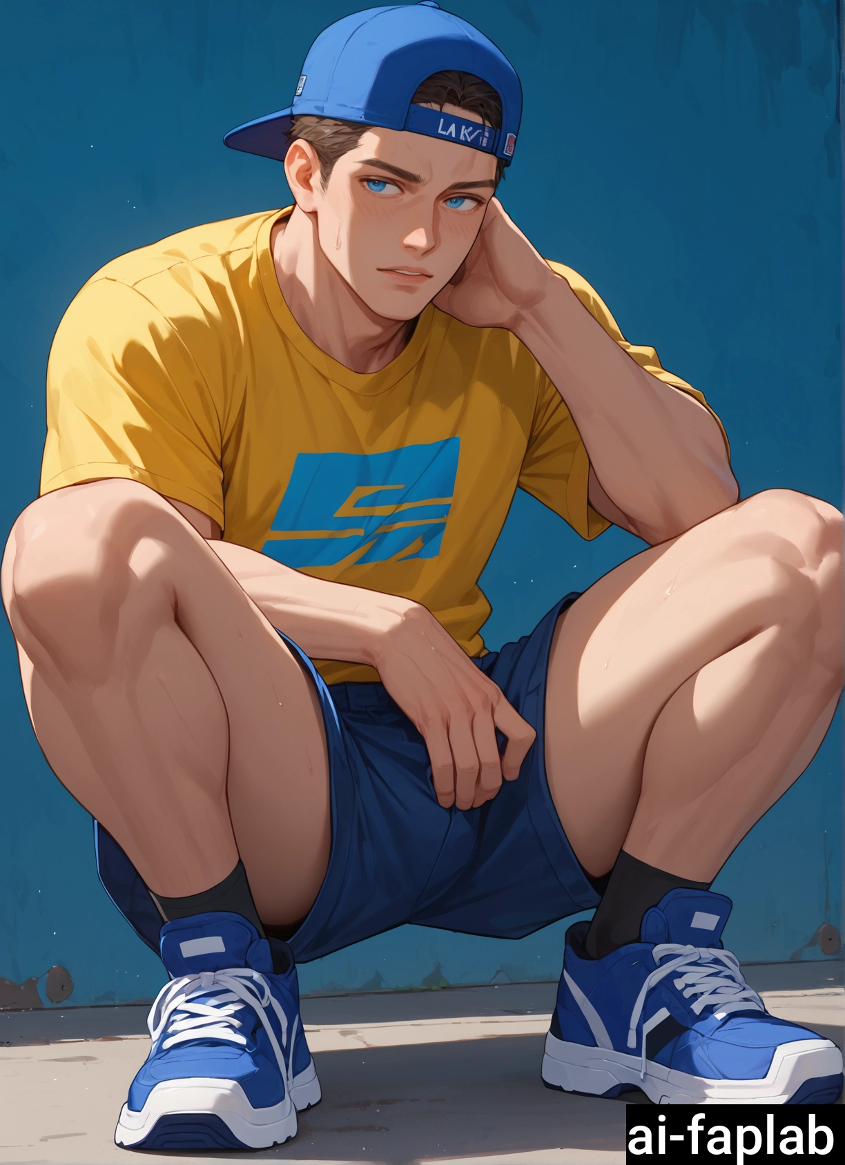 shorts, male focus, hat, shirt, 1boy, squatting