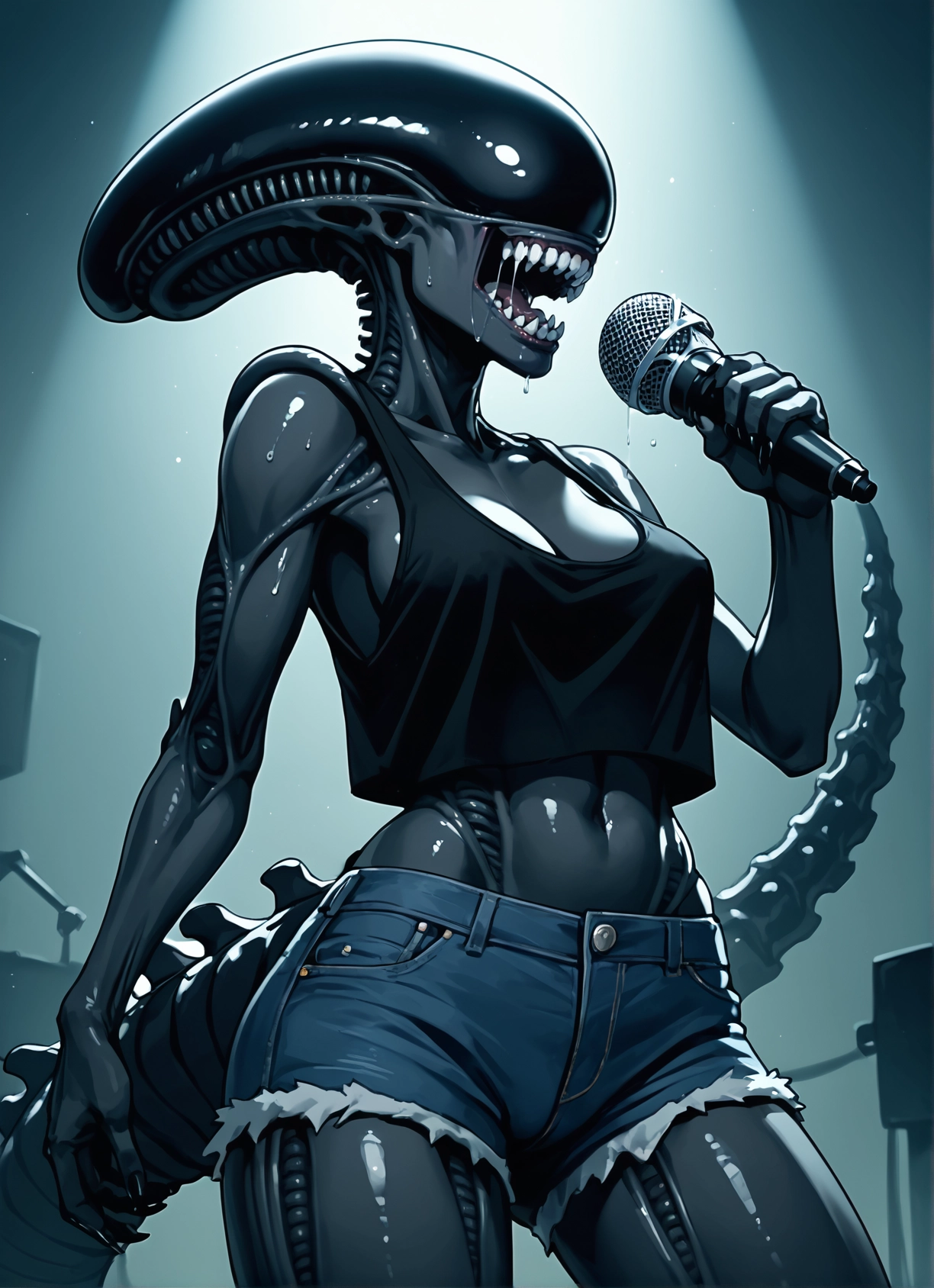 1girl, shorts, breasts, microphone, solo, tail · Yamete.gg