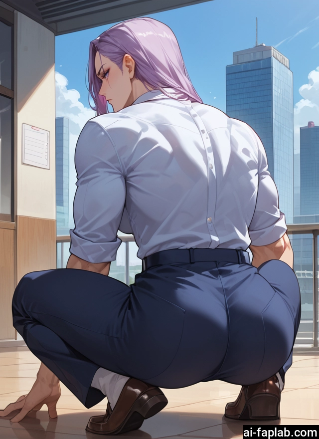 1girl, ass, squatting, shirt, pants, long hair