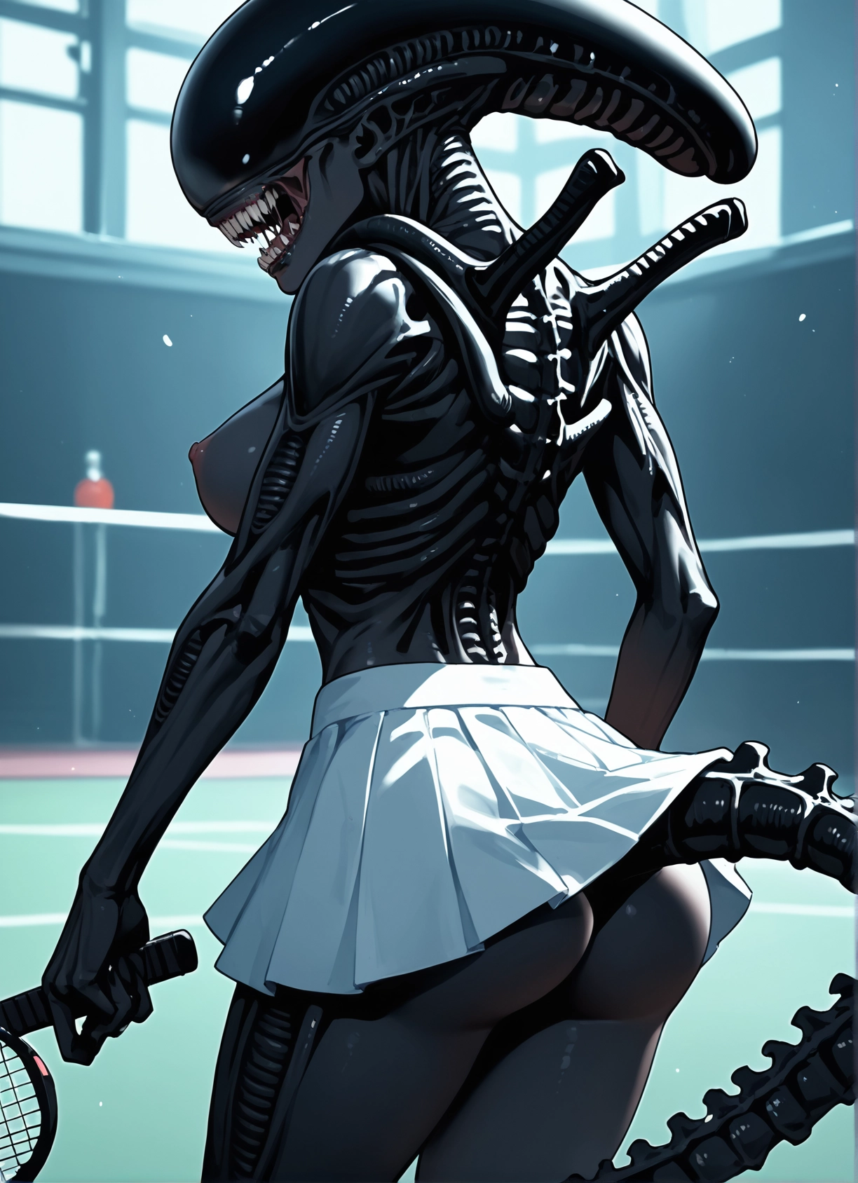 1girl, breasts, skirt, racket, ass, tennis racket