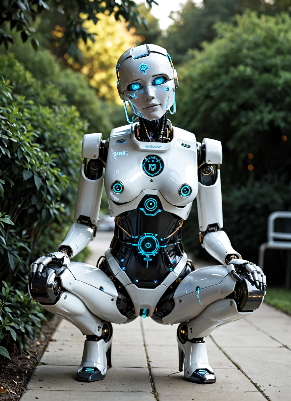 1girl, solo, squatting, robot, humanoid robot, robot joints · Yamete.gg