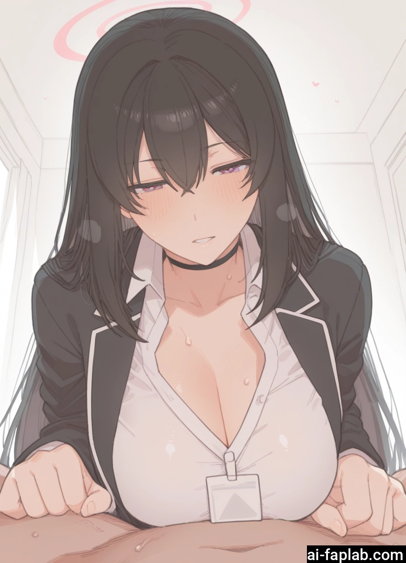 1girl, breasts, long hair, halo, black hair, cleavage
