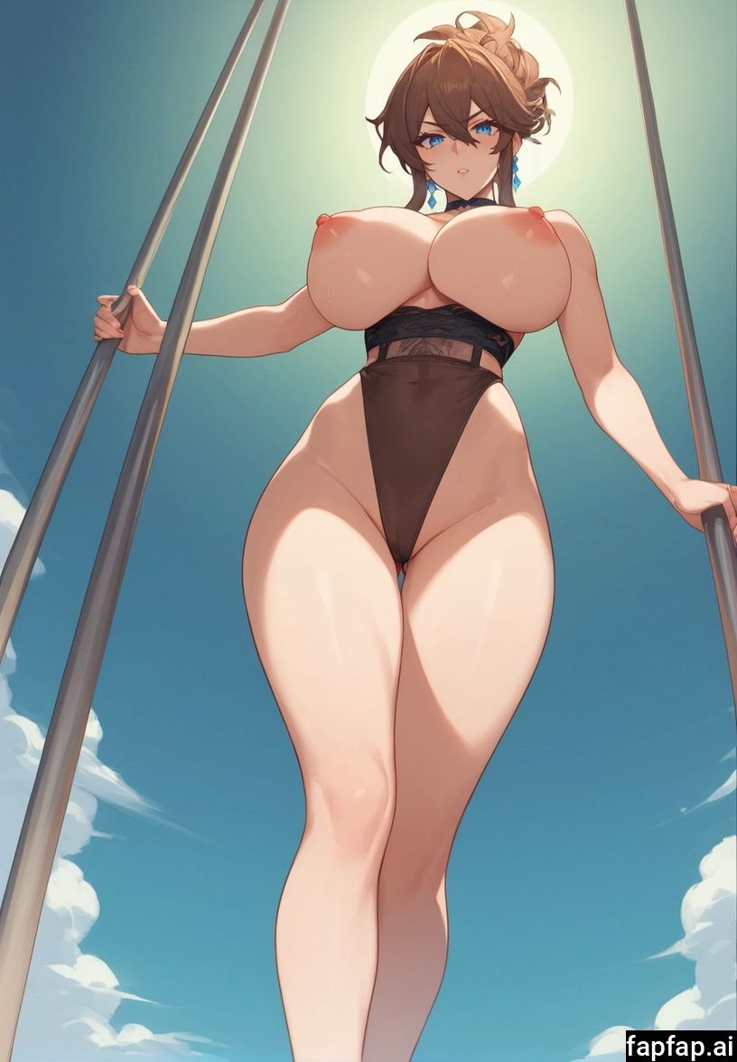 1girl, breasts, solo, nipples, blue eyes, brown hair