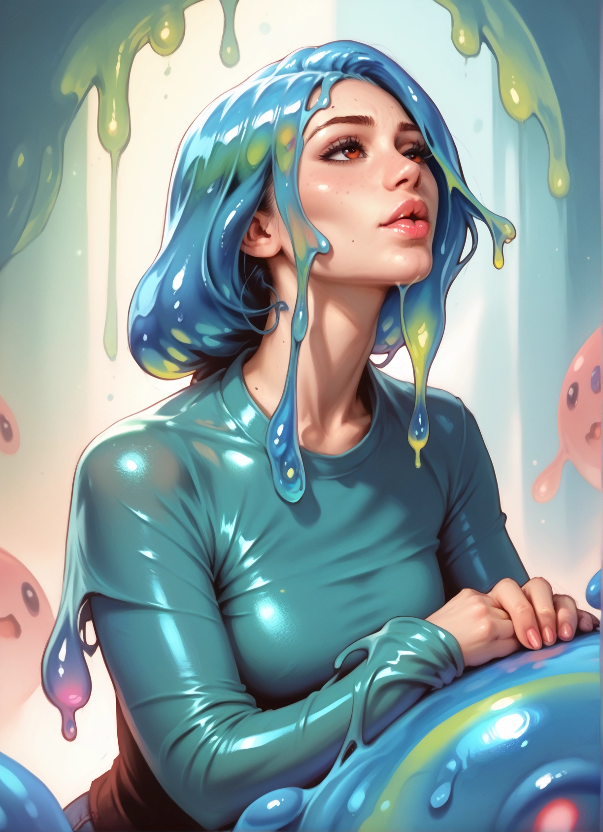 1girl, blue hair, monster girl, slime girl, freckles, lips · Yamete.gg