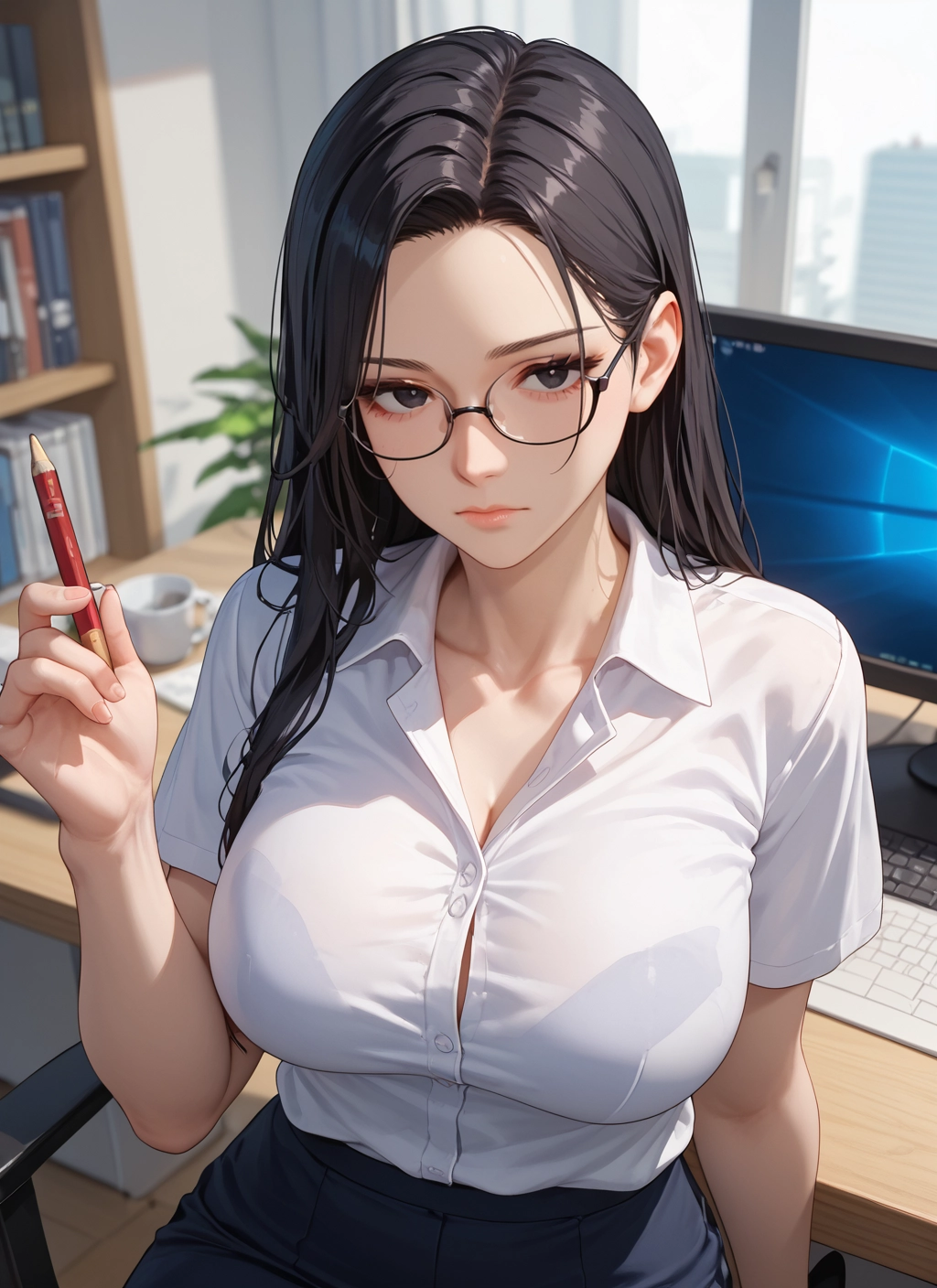 1girl, breasts, glasses, shirt, large breasts, cup · Yamete.gg