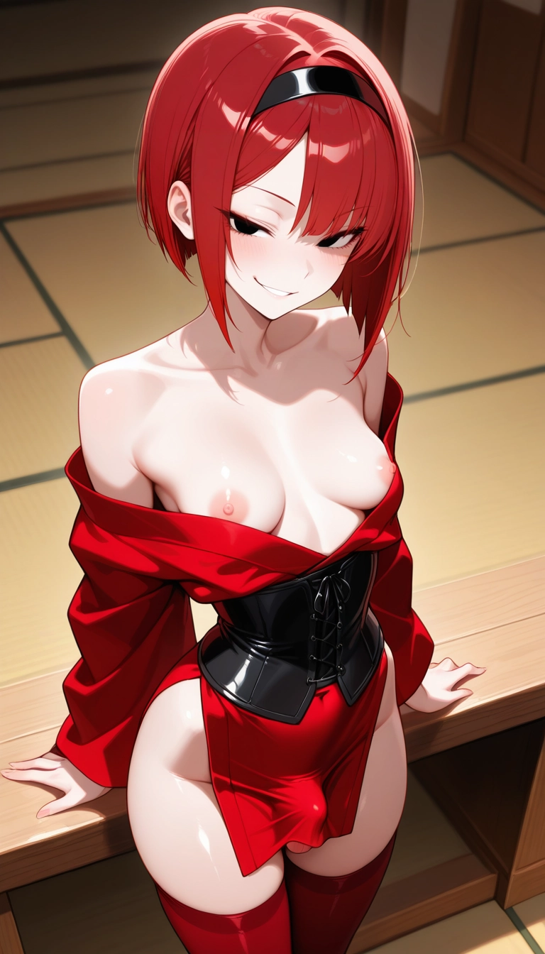 red hair, solo, nipples, smile, thighhighs, red thighhighs · Yamete.gg